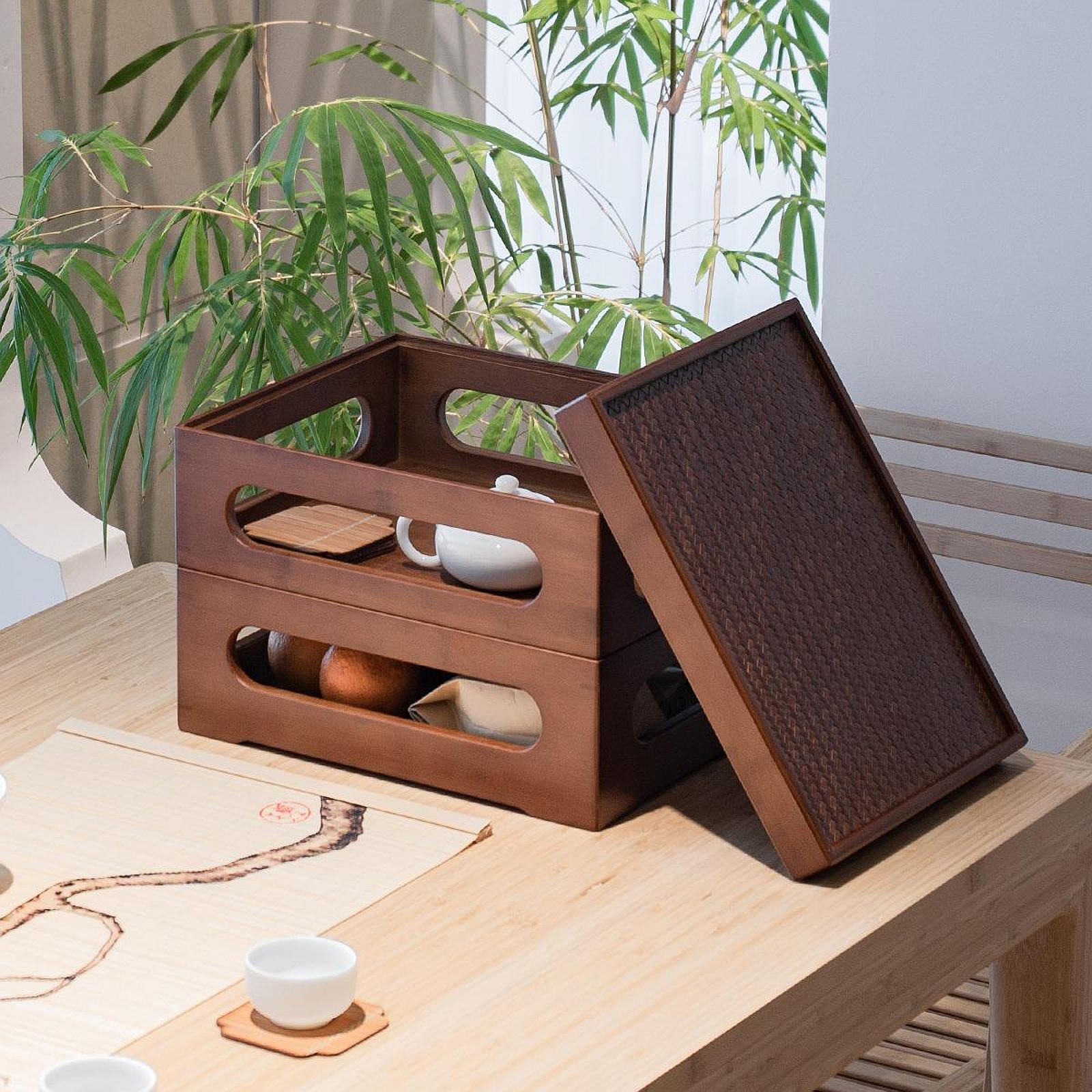 Two Layers Wood Teaware Organizer for Afternoon Tea Lover Stackable with Lid