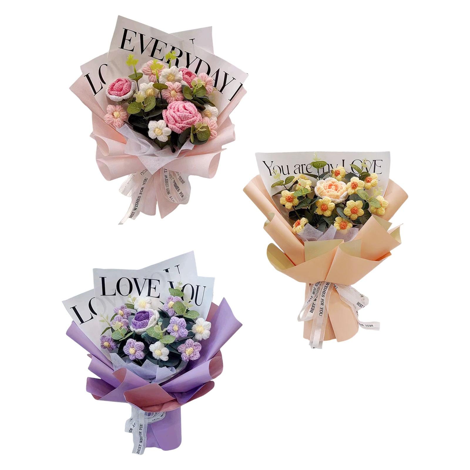 Crochet Flower Bouquet Fadeless Faux Flower Artificial Flower Engagement Gift Pink