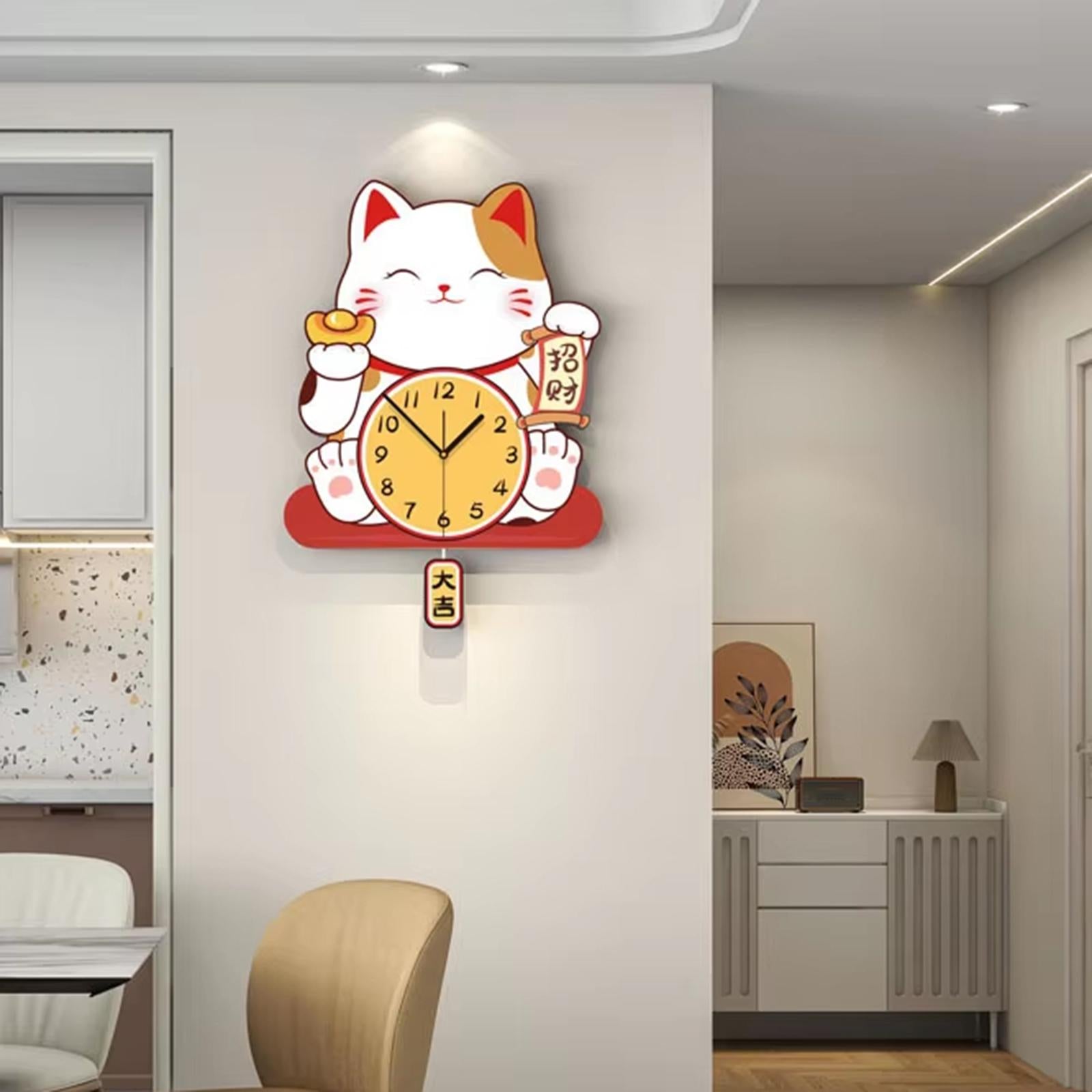 Fortune Cat Wall Clock Wall Decoration for ’S Room Kitchen Bathroom
