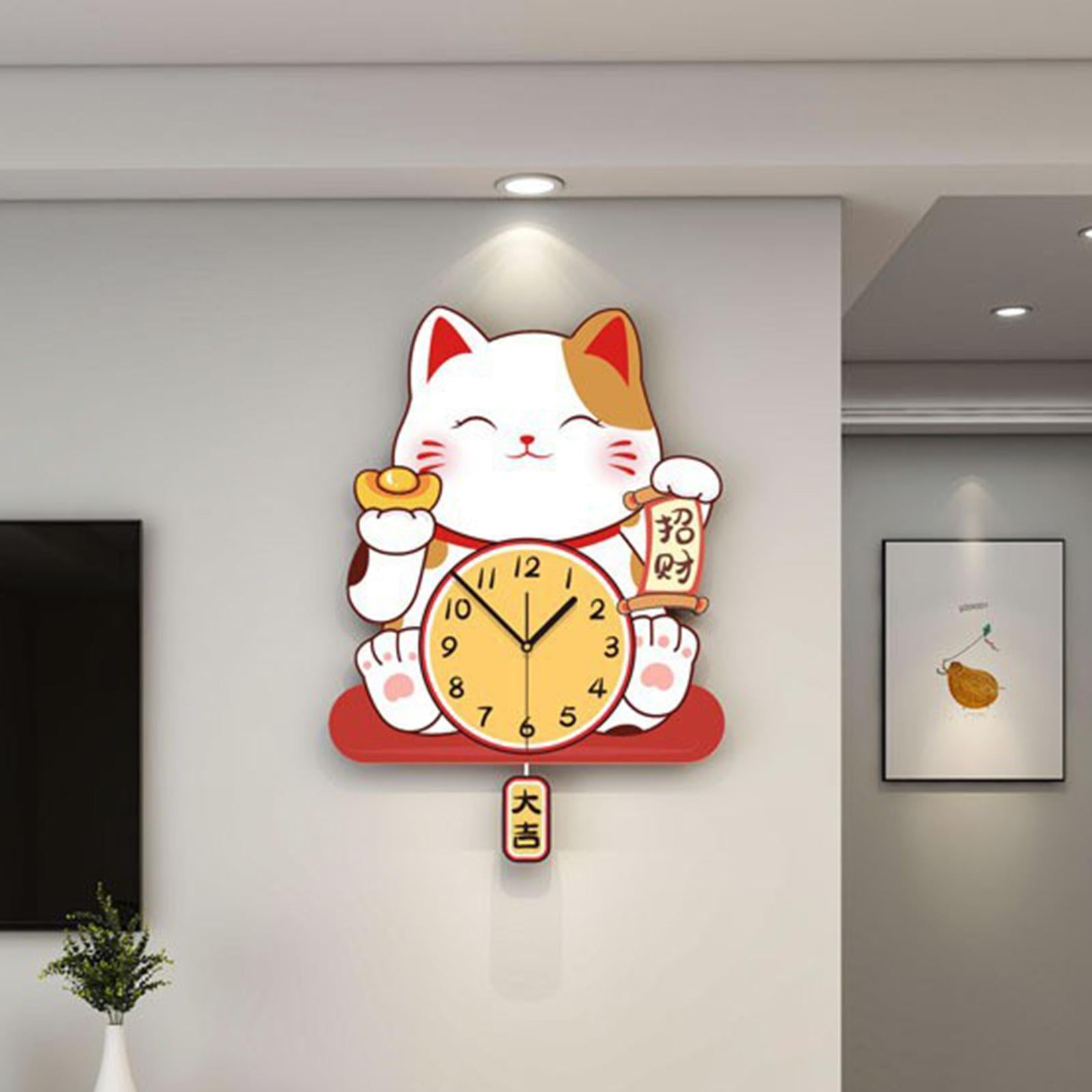 Fortune Cat Wall Clock Wall Decoration for ’S Room Kitchen Bathroom