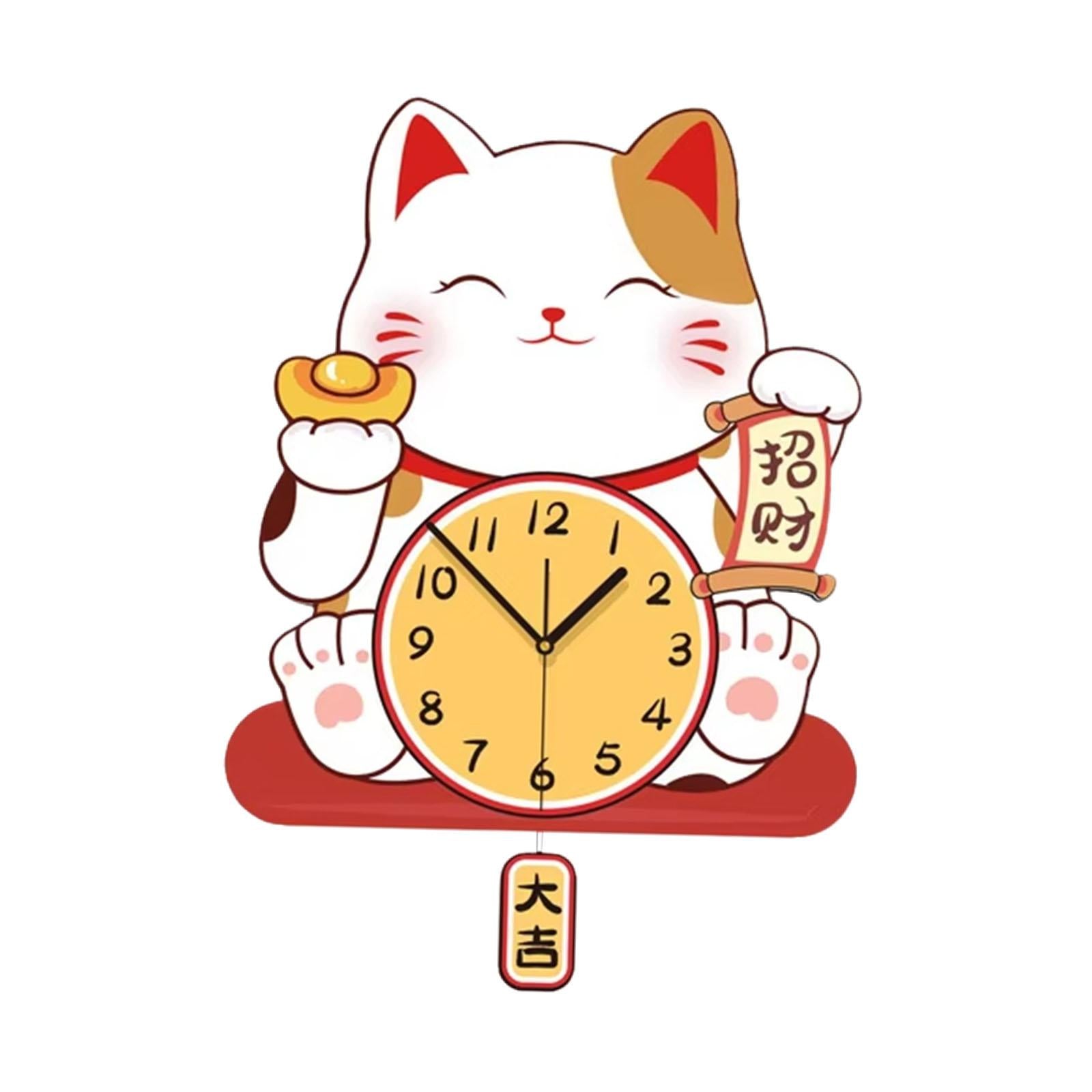 Fortune Cat Wall Clock Wall Decoration for ’S Room Kitchen Bathroom