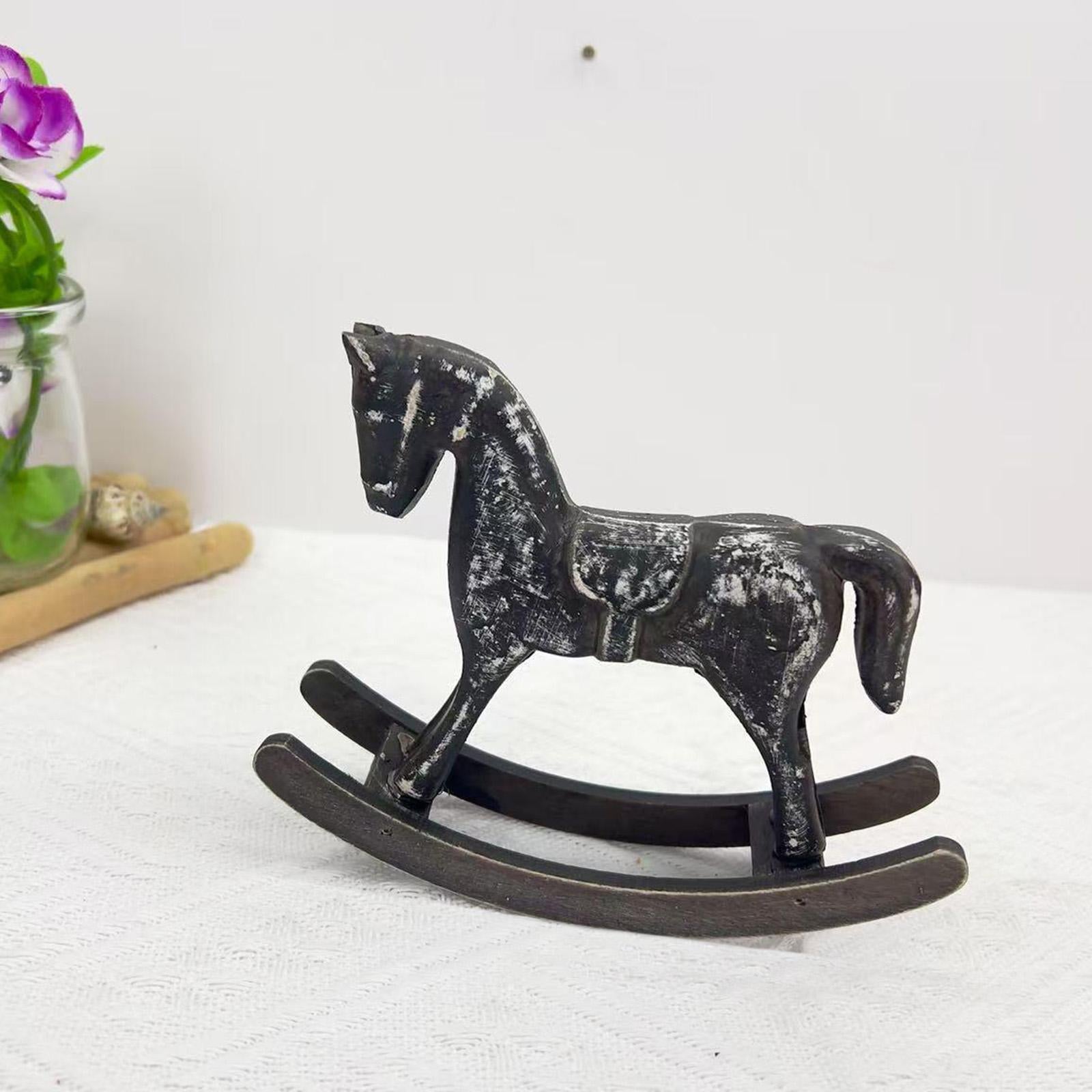 Wooden Rocking Horse Figurine Animal Sculpture for Bedroom Bookshelf Cabinet Black