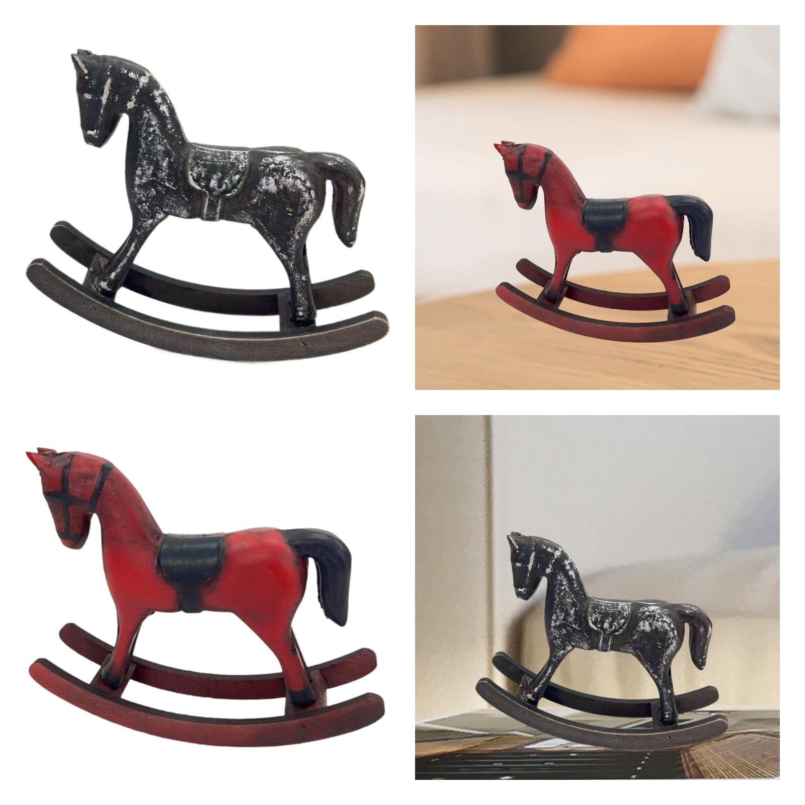 Wooden Rocking Horse Figurine Animal Sculpture for Bedroom Bookshelf Cabinet Black