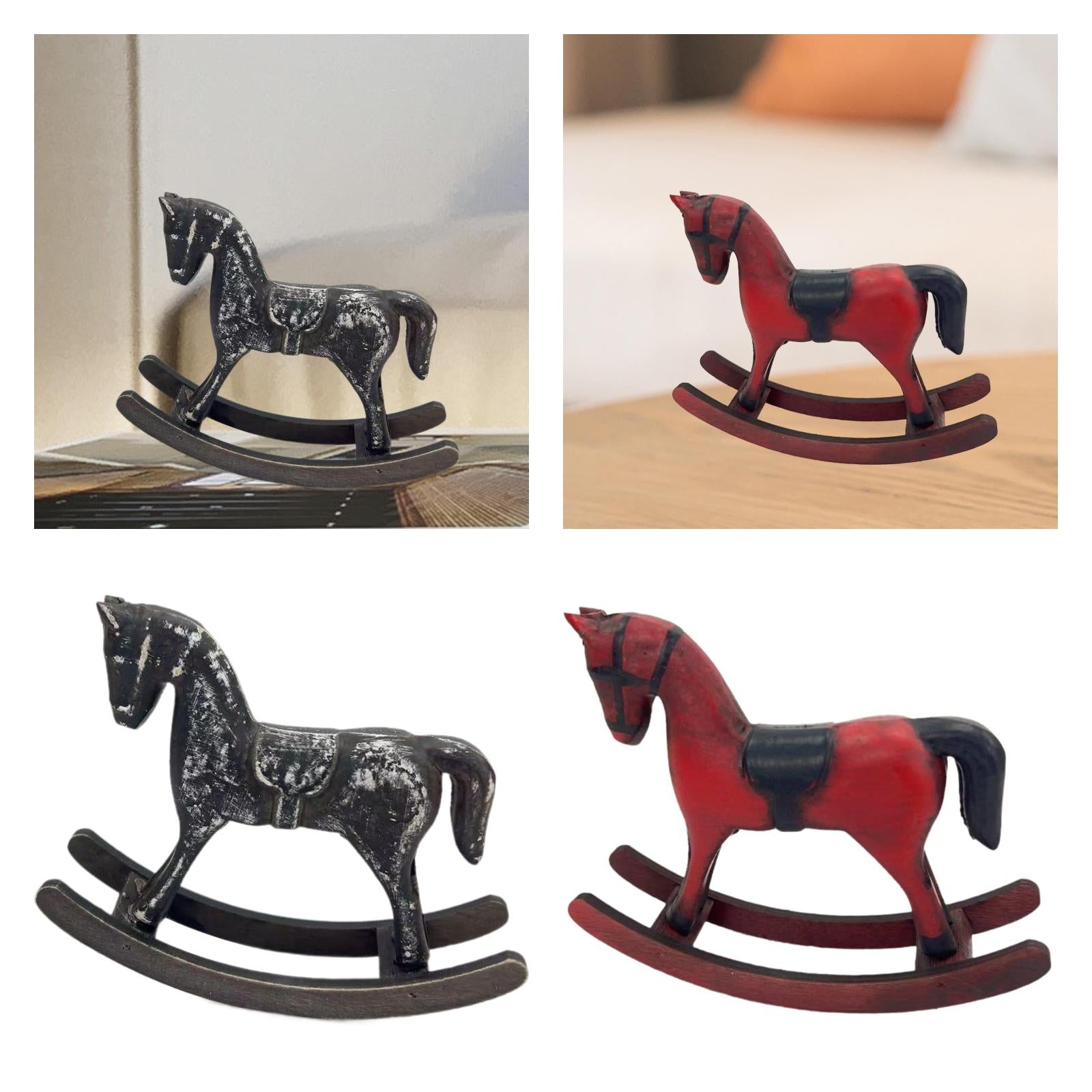 Wooden Rocking Horse Figurine Animal Sculpture for Bedroom Bookshelf Cabinet Black