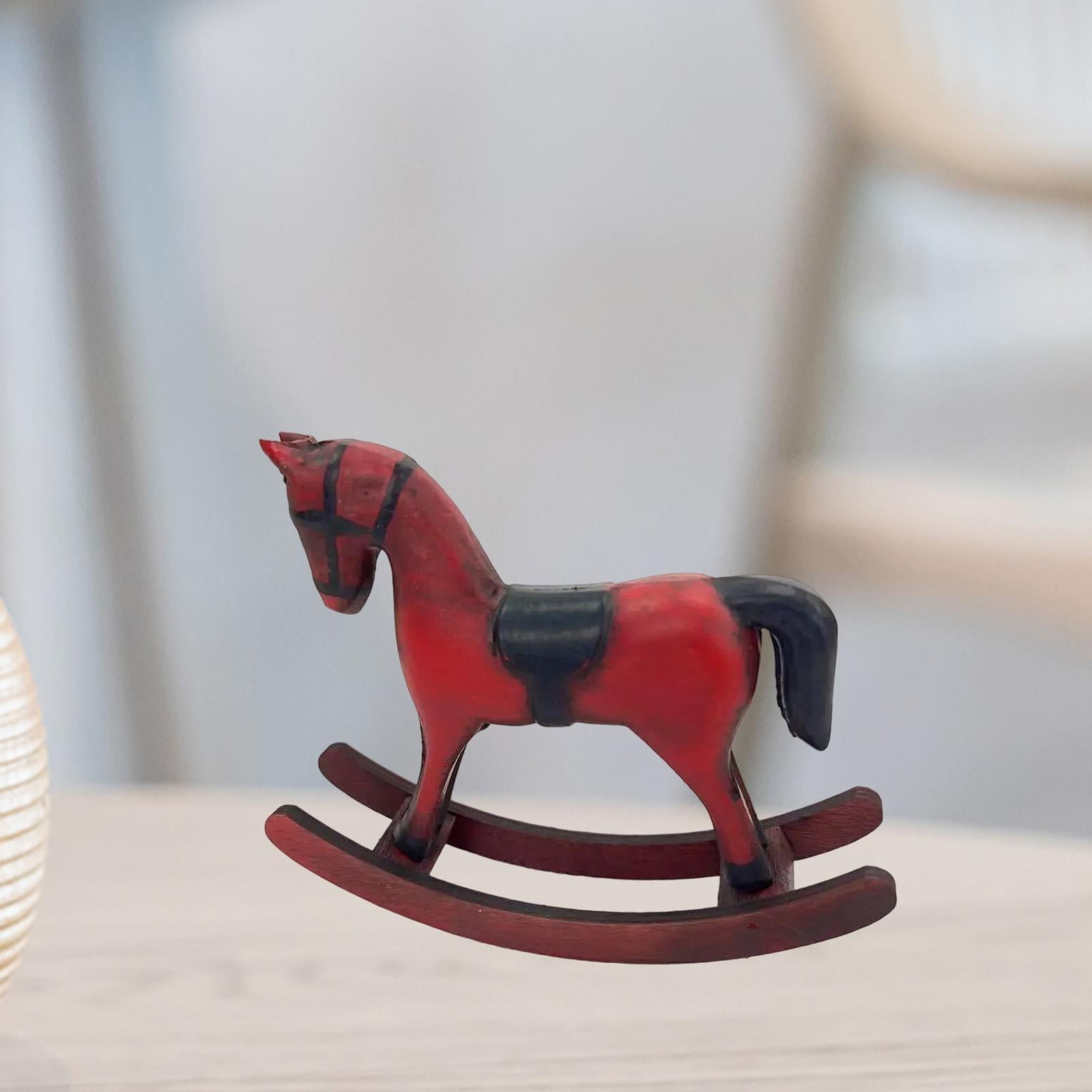 Wooden Rocking Horse Figurine Animal Sculpture for Bedroom Bookshelf Cabinet Red