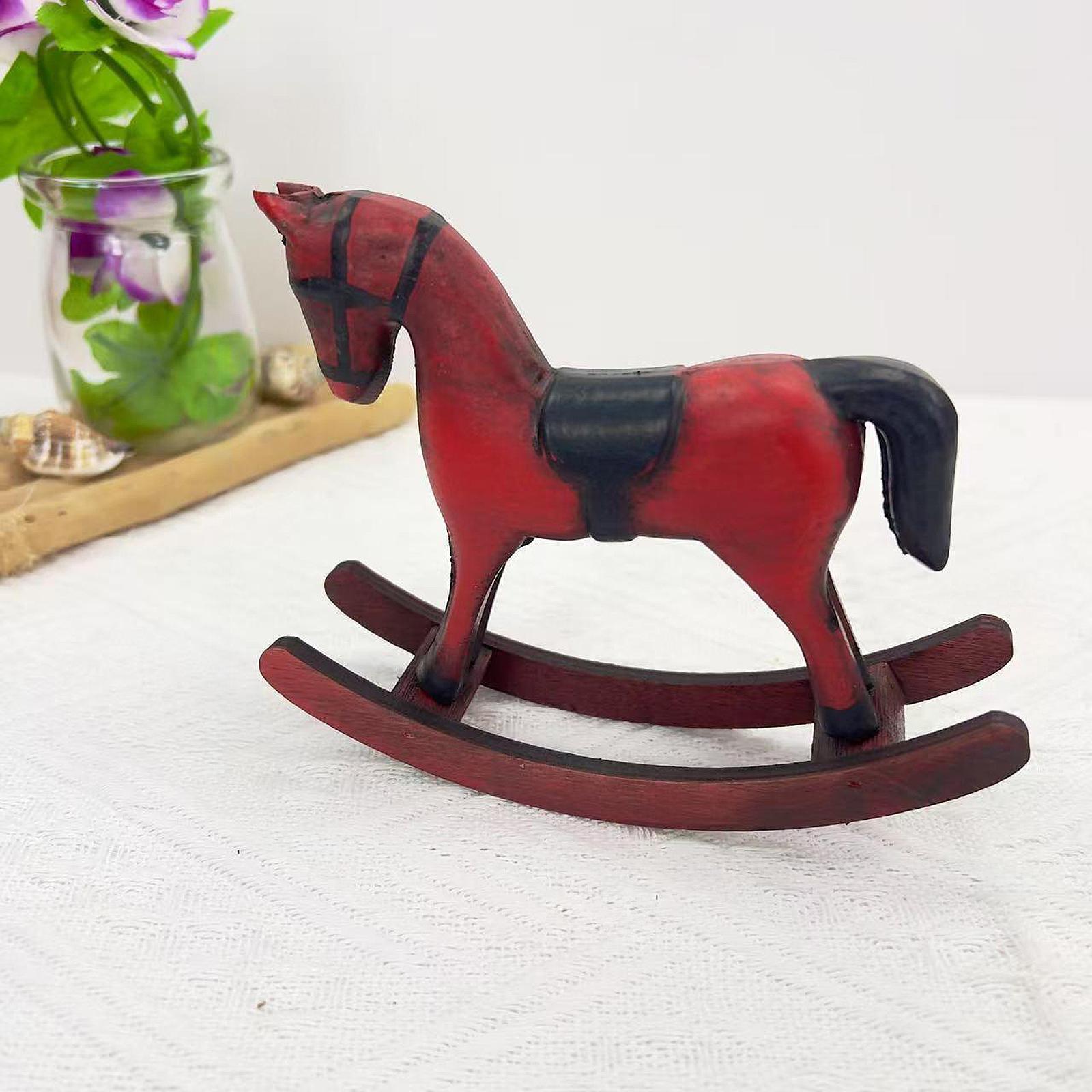 Wooden Rocking Horse Figurine Animal Sculpture for Bedroom Bookshelf Cabinet Red