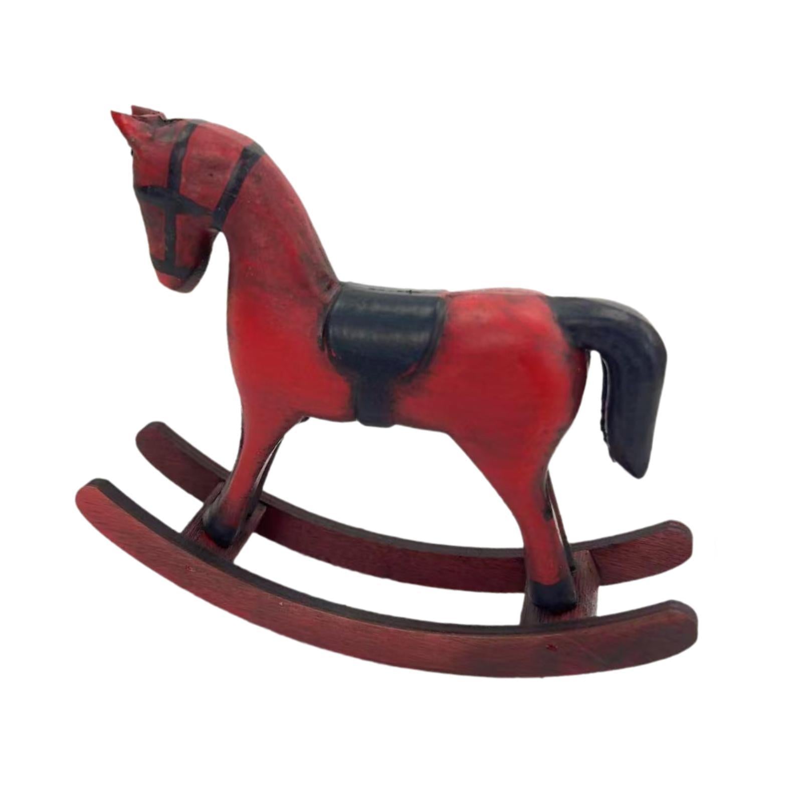 Wooden Rocking Horse Figurine Animal Sculpture for Bedroom Bookshelf Cabinet Red
