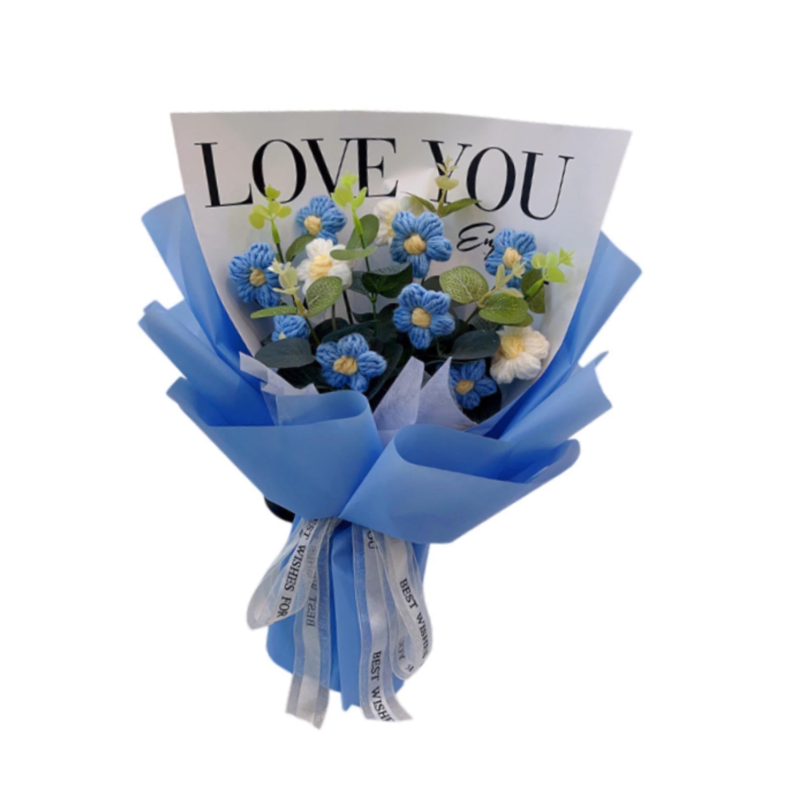 Crochet Flower Holiday Knitting Flower Bouquet for Birthday Thanksgiving Day Blue
