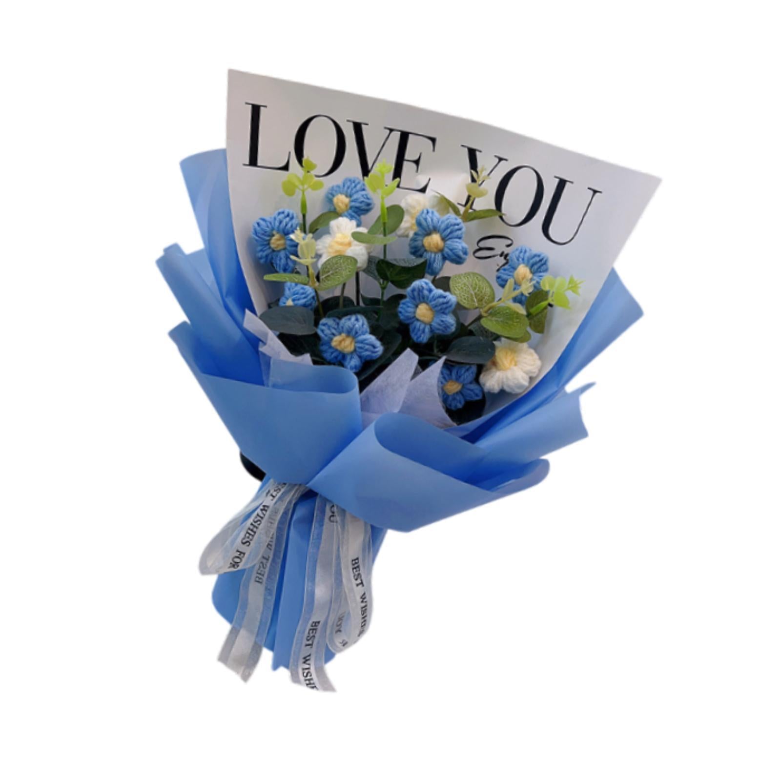 Crochet Flower Holiday Knitting Flower Bouquet for Birthday Thanksgiving Day Blue