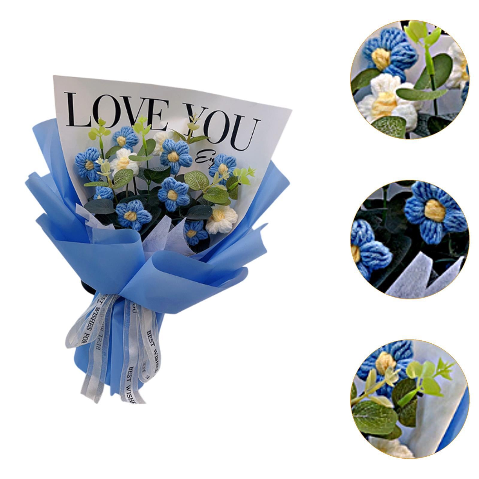 Crochet Flower Holiday Knitting Flower Bouquet for Birthday Thanksgiving Day Blue