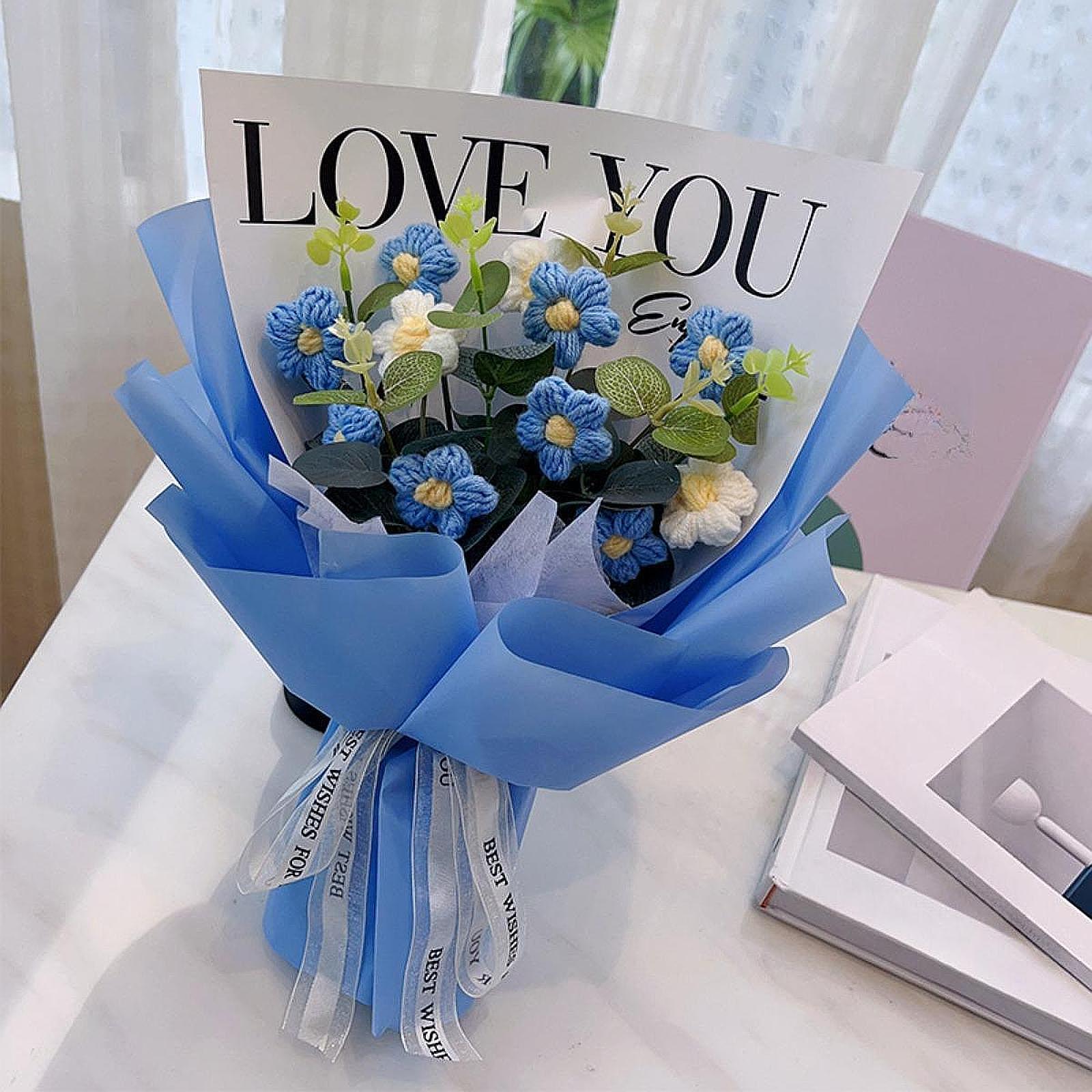 Crochet Flower Holiday Knitting Flower Bouquet for Birthday Thanksgiving Day Blue