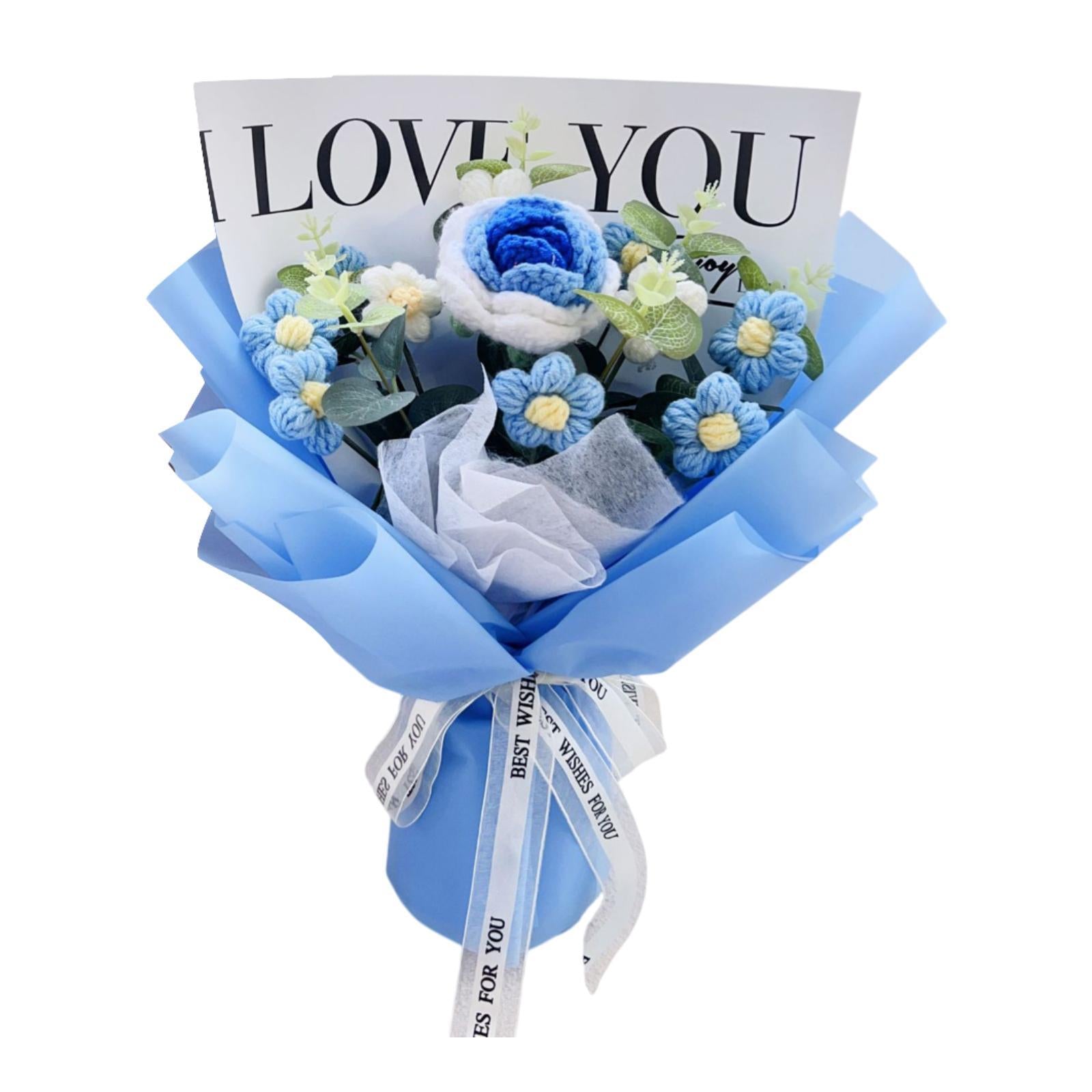 Crochet Flower Holiday Knitting Flower Bouquet for Birthday Thanksgiving Day Blue Rose