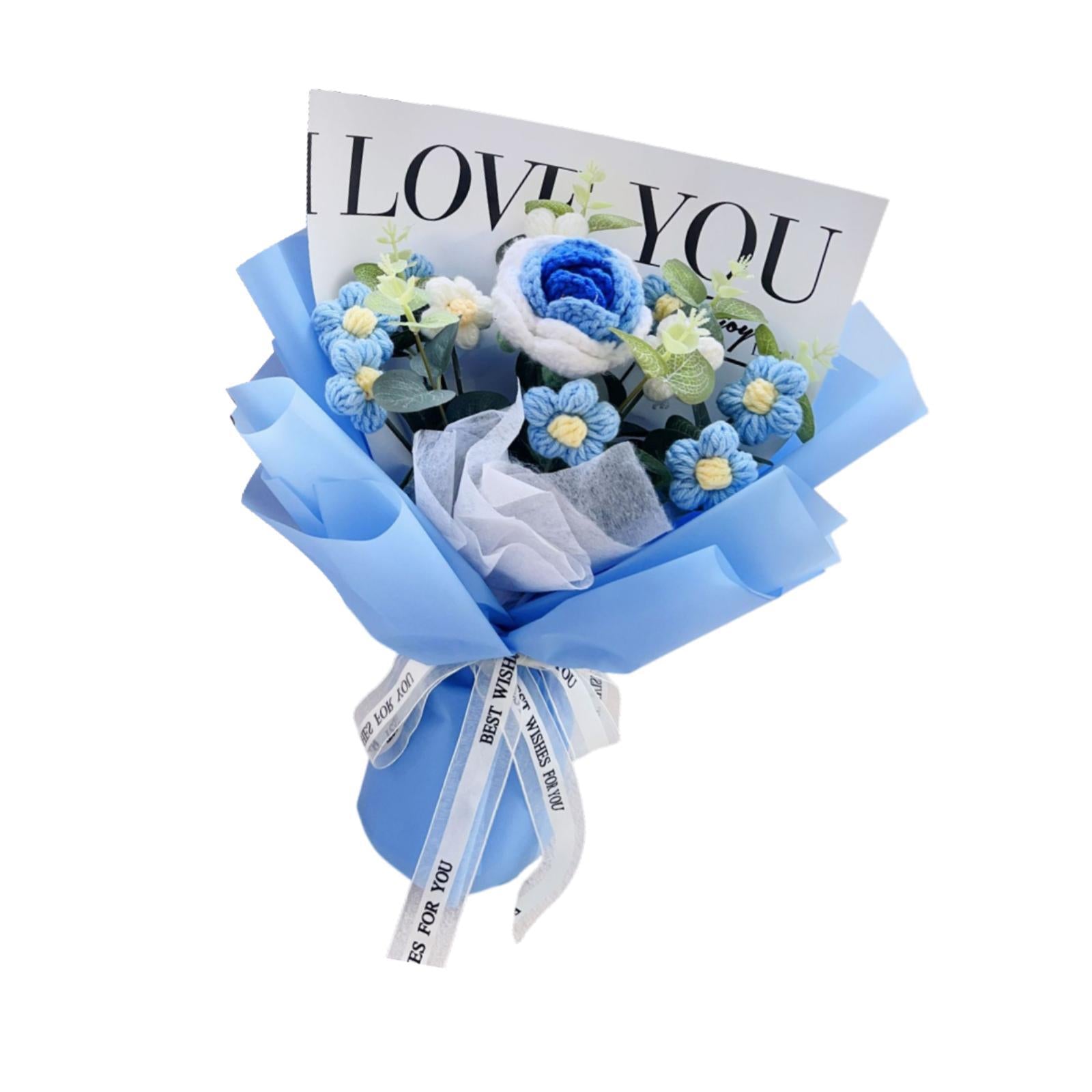 Crochet Flower Holiday Knitting Flower Bouquet for Birthday Thanksgiving Day Blue Rose