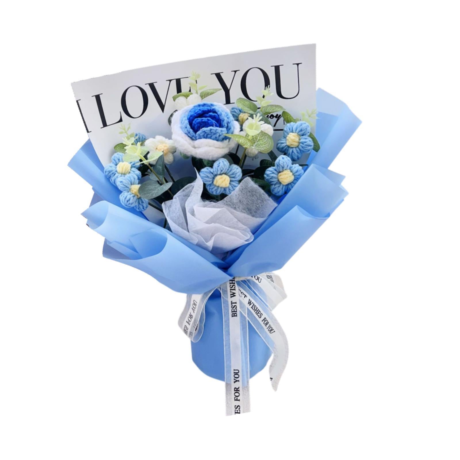 Crochet Flower Holiday Knitting Flower Bouquet for Birthday Thanksgiving Day Blue Rose