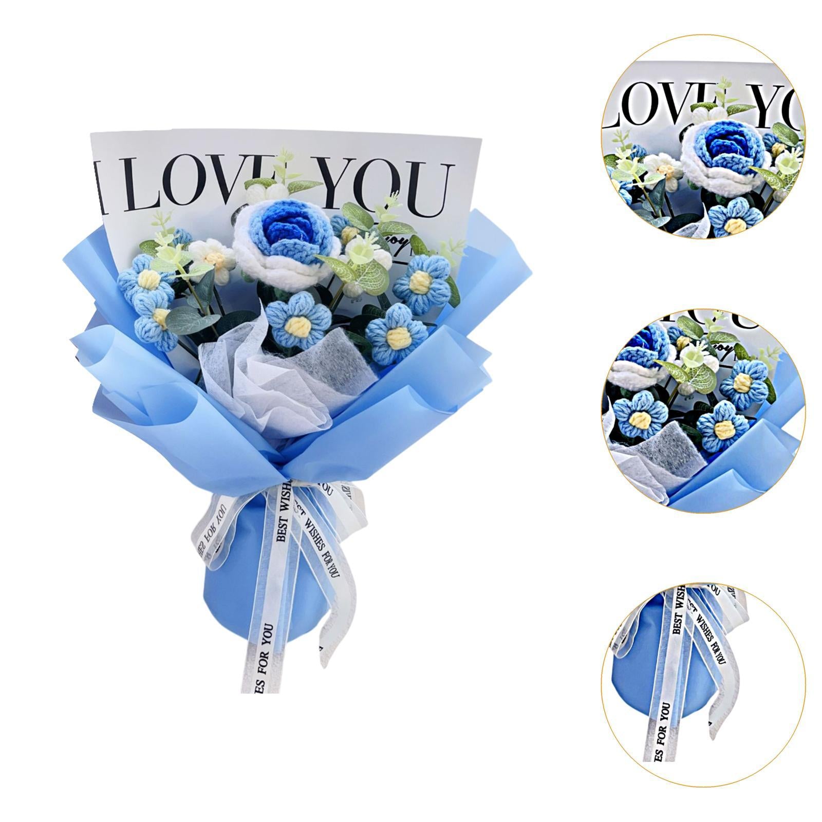 Crochet Flower Holiday Knitting Flower Bouquet for Birthday Thanksgiving Day Blue Rose