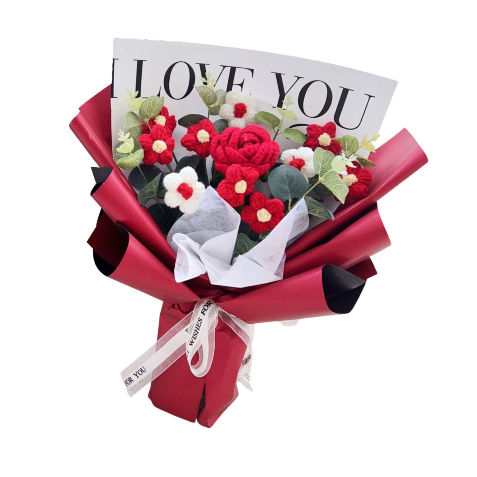 Crochet Flower Holiday Knitting Flower Bouquet for Birthday Thanksgiving Day Red Rose
