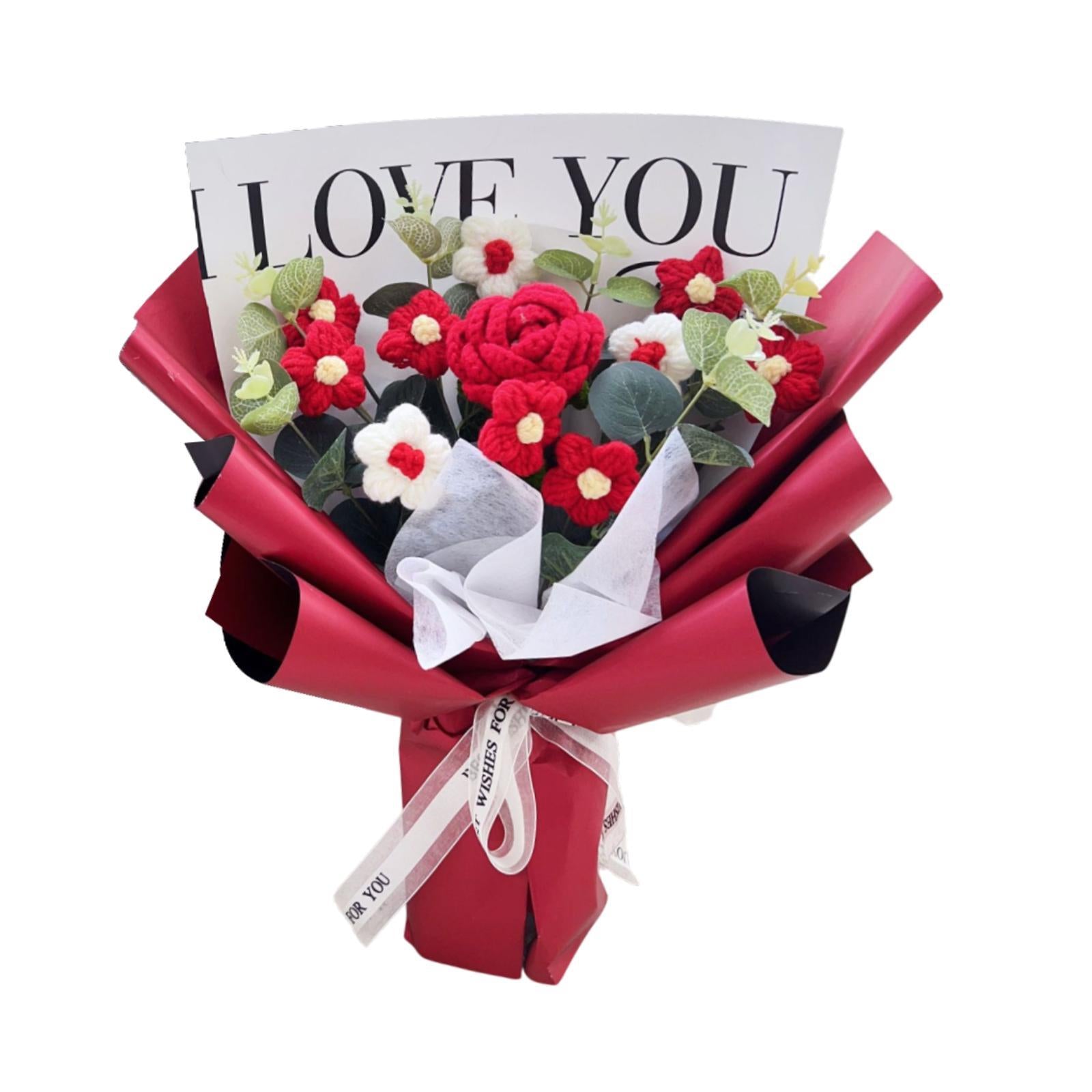 Crochet Flower Holiday Knitting Flower Bouquet for Birthday Thanksgiving Day Red Rose