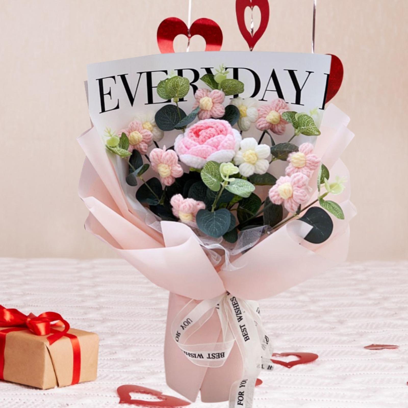 Crochet Flower Holiday Knitting Flower Bouquet for Birthday Thanksgiving Day Pink Rose