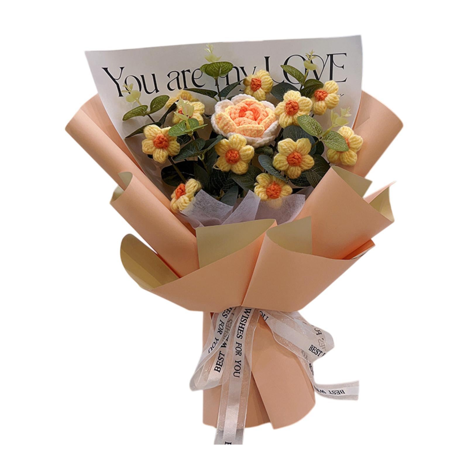 Crochet Flower Holiday Knitting Flower Bouquet for Birthday Thanksgiving Day Orange Rose