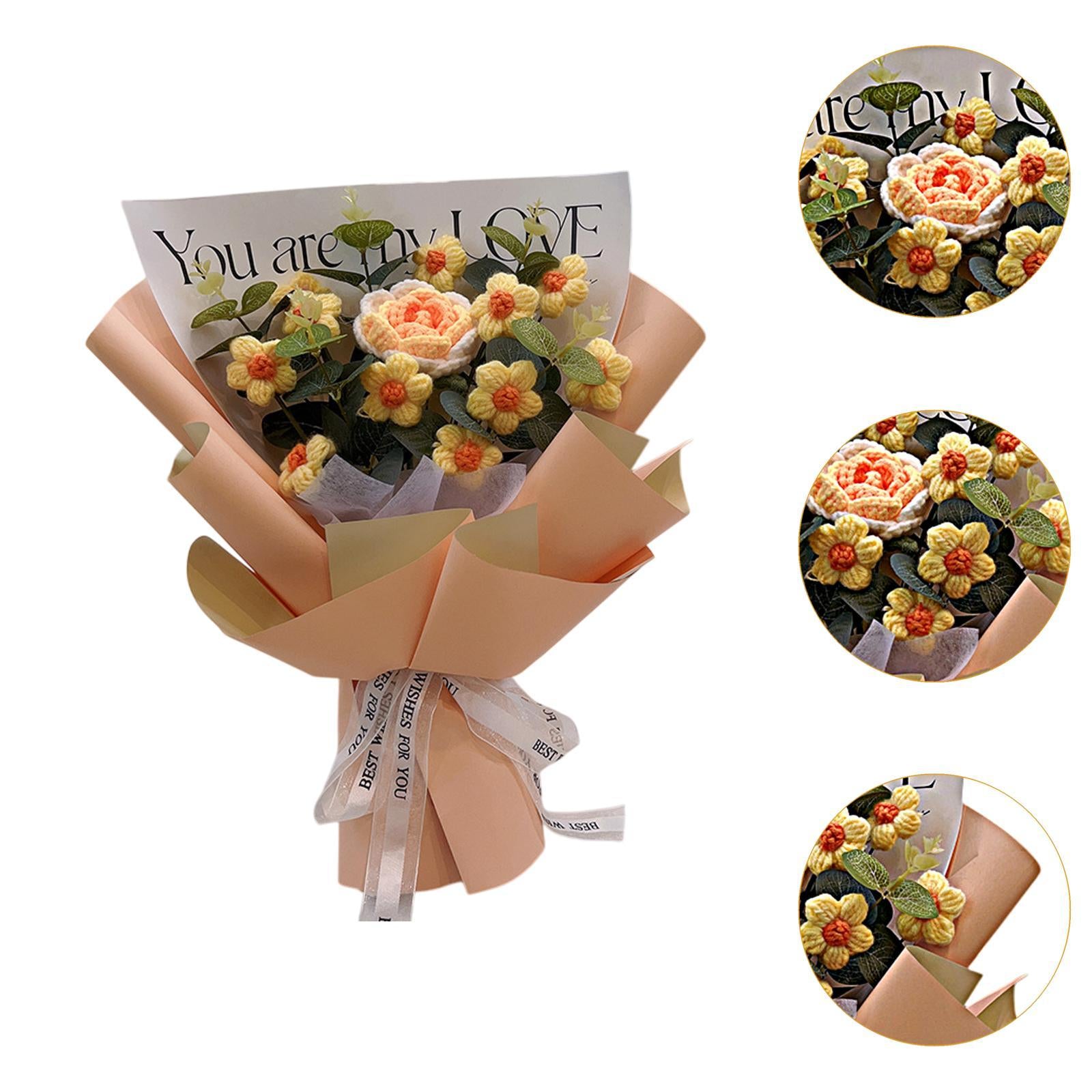 Crochet Flower Holiday Knitting Flower Bouquet for Birthday Thanksgiving Day Orange Rose