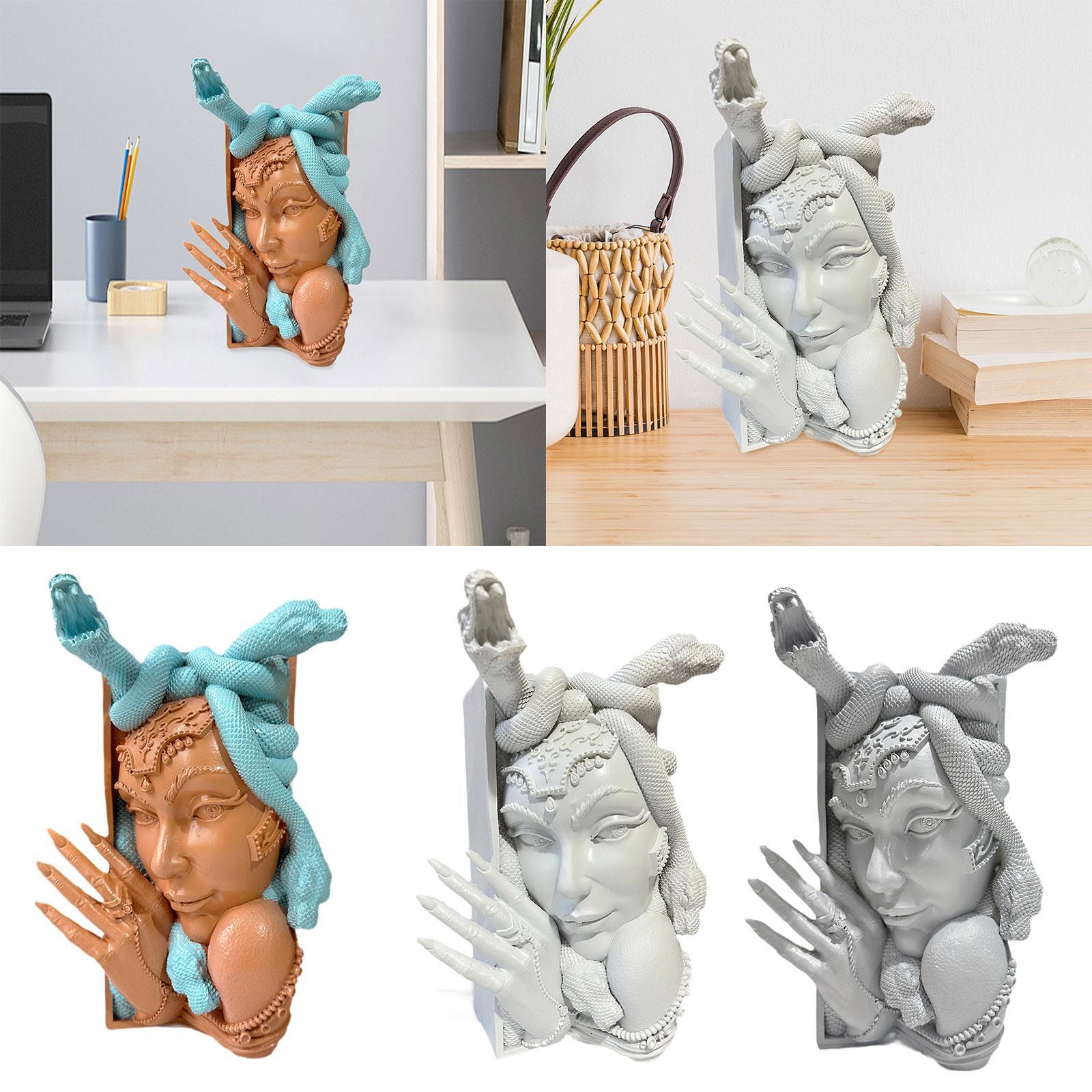 Snake Women Face Bookend Figurine Decorative Book Stopper for Cabinet Indoor Blue Orange
