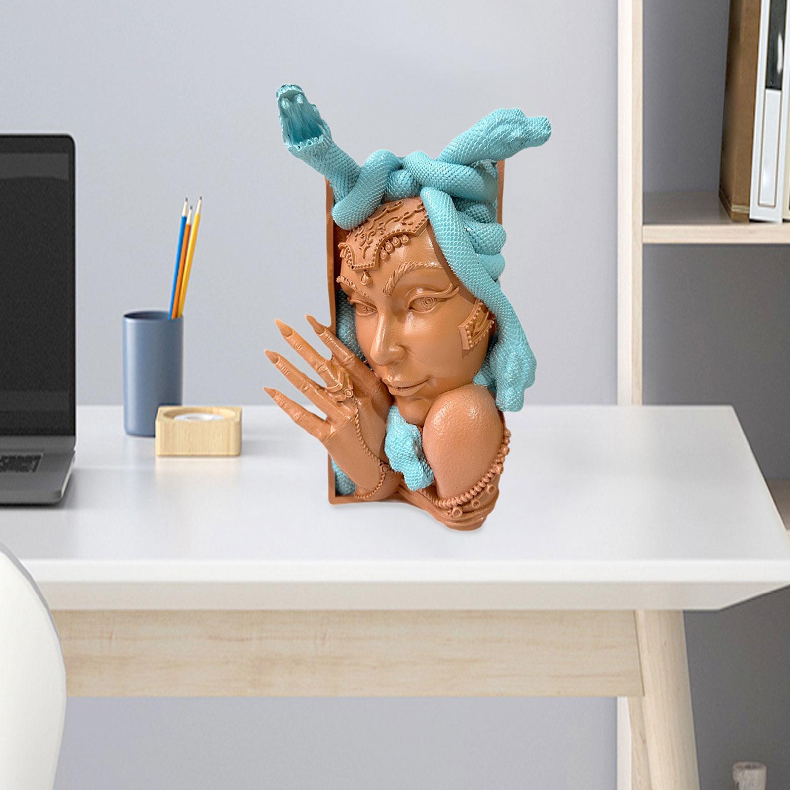 Snake Women Face Bookend Figurine Decorative Book Stopper for Cabinet Indoor Blue Orange