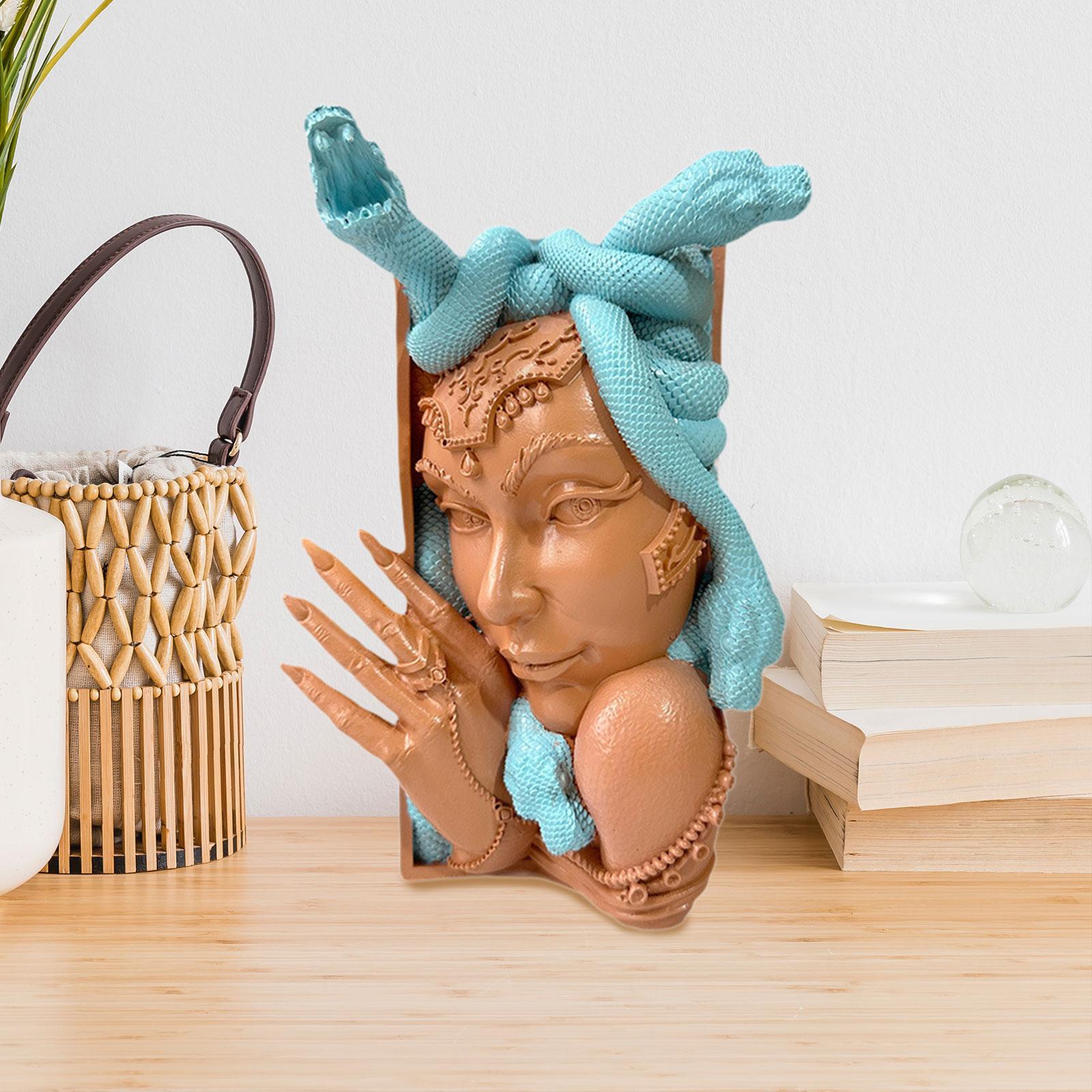 Snake Women Face Bookend Figurine Decorative Book Stopper for Cabinet Indoor Blue Orange