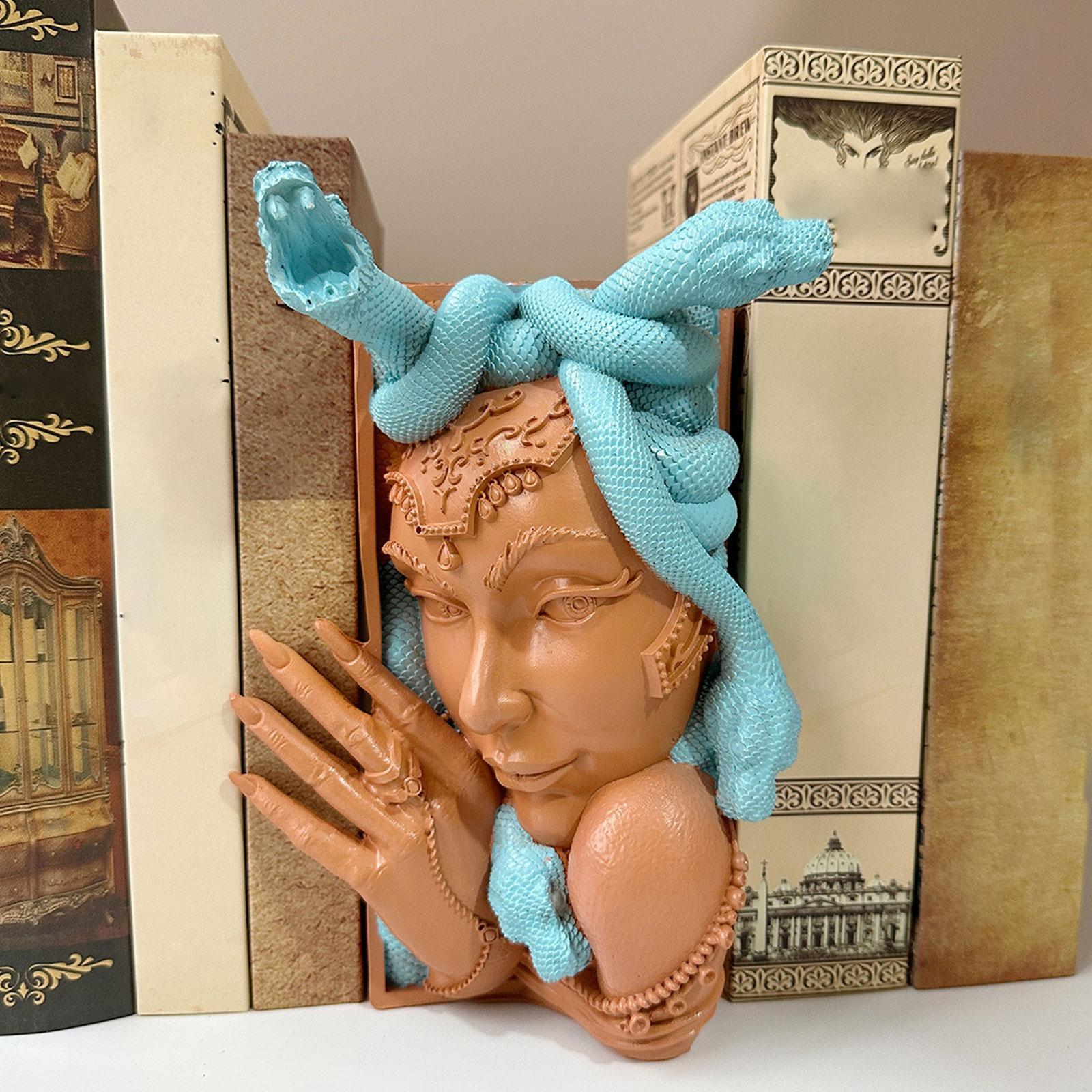 Snake Women Face Bookend Figurine Decorative Book Stopper for Cabinet Indoor Blue Orange