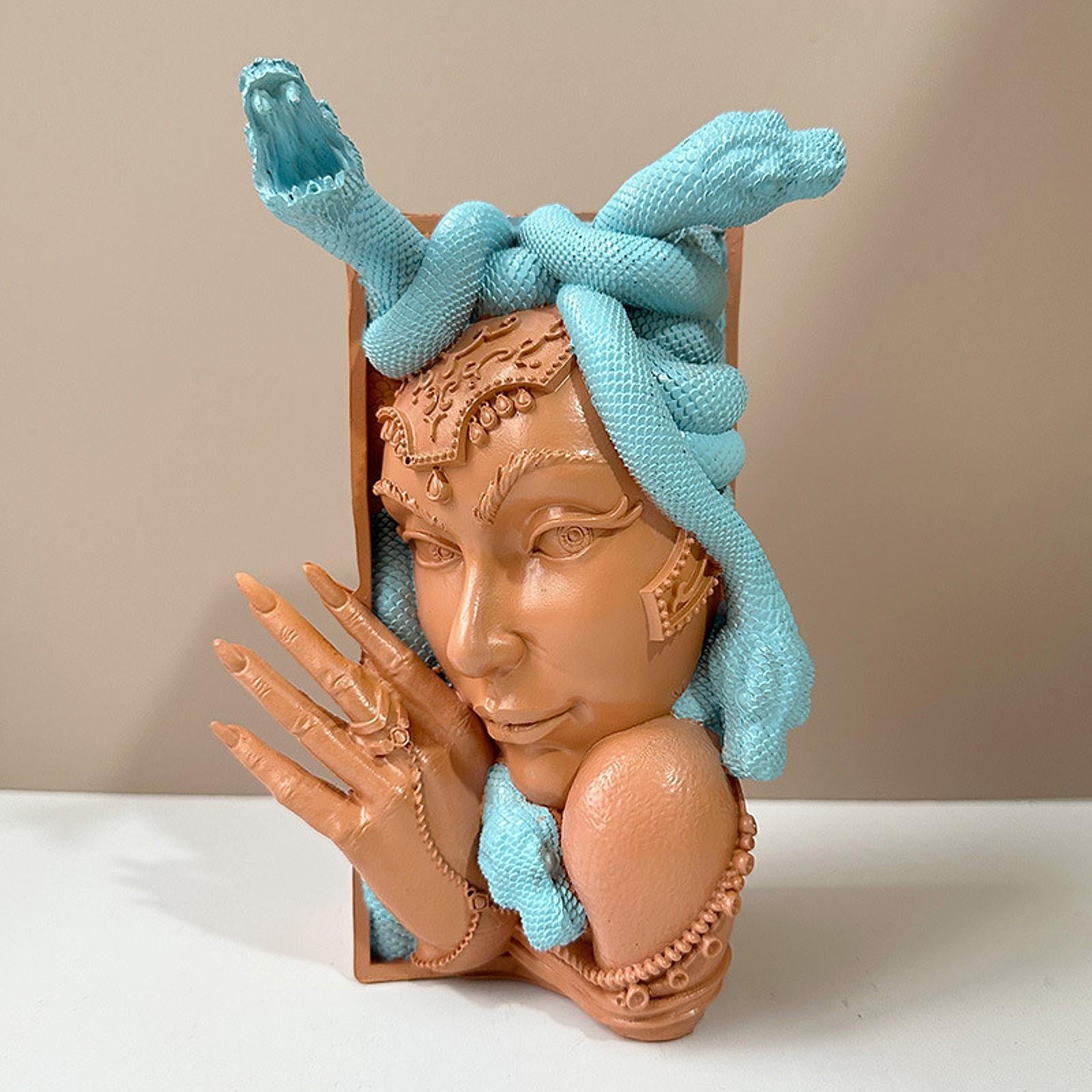 Snake Women Face Bookend Figurine Decorative Book Stopper for Cabinet Indoor Blue Orange