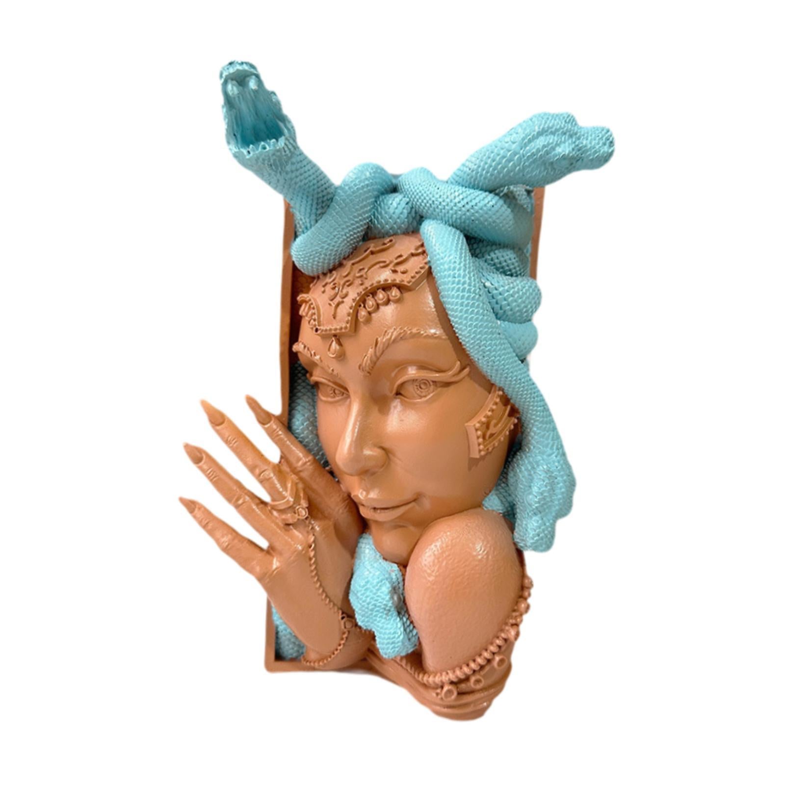 Snake Women Face Bookend Figurine Decorative Book Stopper for Cabinet Indoor Blue Orange