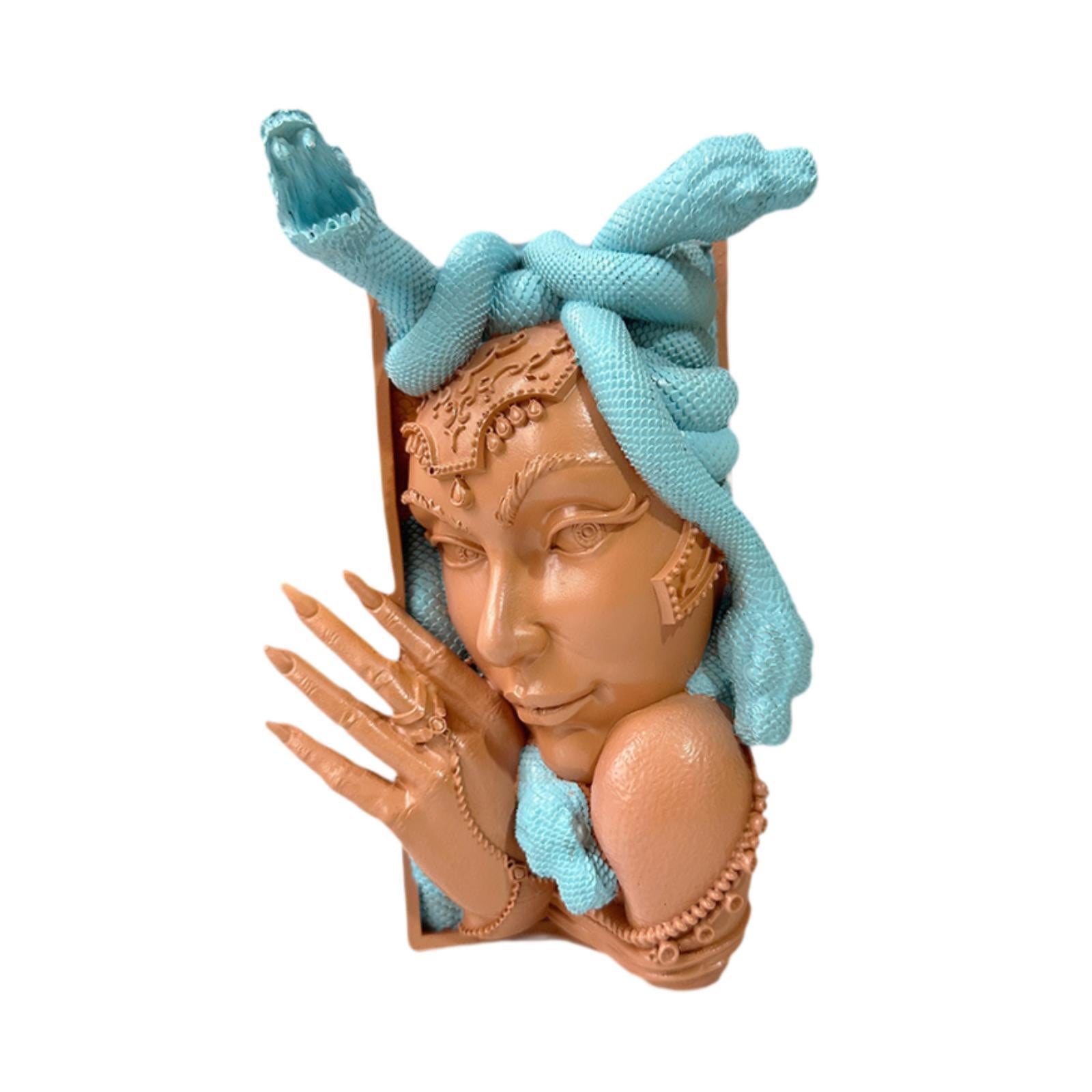 Snake Women Face Bookend Figurine Decorative Book Stopper for Cabinet Indoor Blue Orange