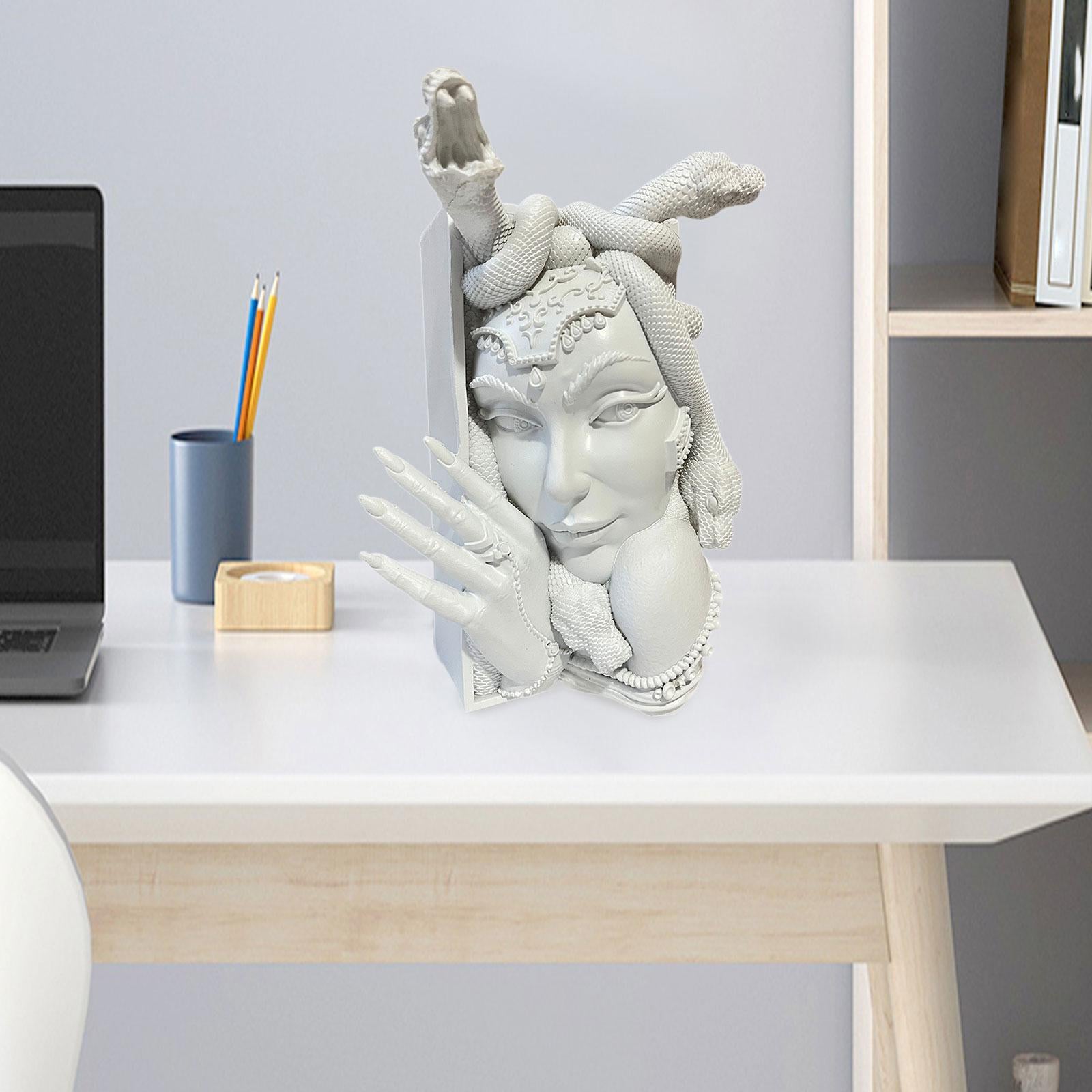 Snake Women Face Bookend Figurine Decorative Book Stopper for Cabinet Indoor White