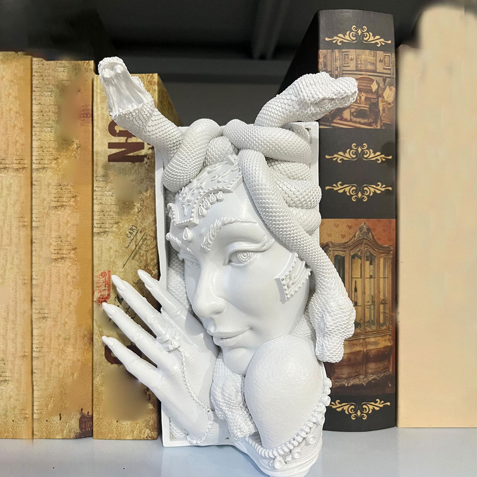 Snake Women Face Bookend Figurine Decorative Book Stopper for Cabinet Indoor White