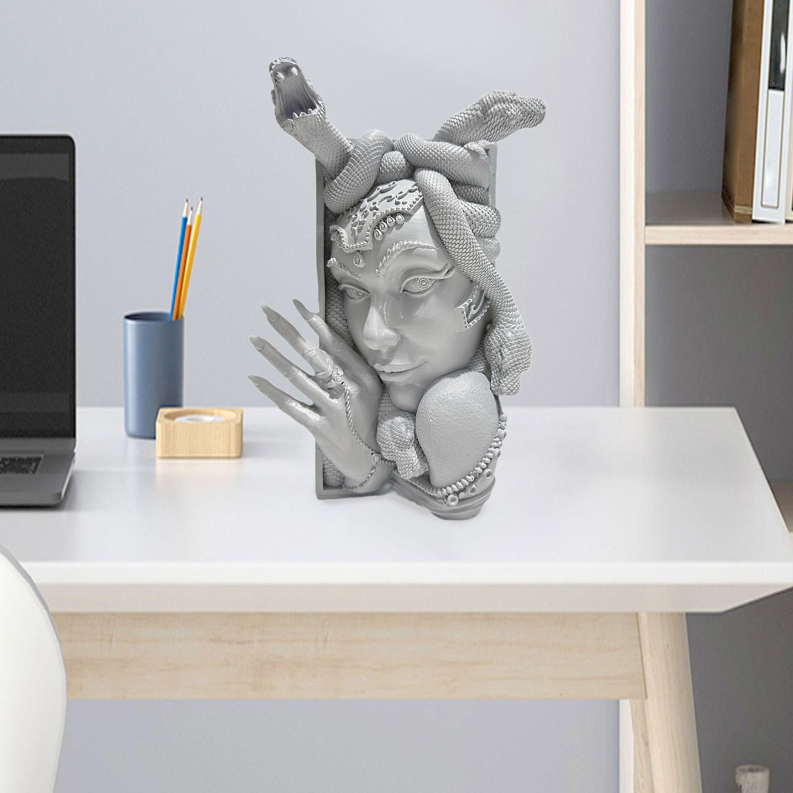 Snake Women Face Bookend Figurine Decorative Book Stopper for Cabinet Indoor Gray