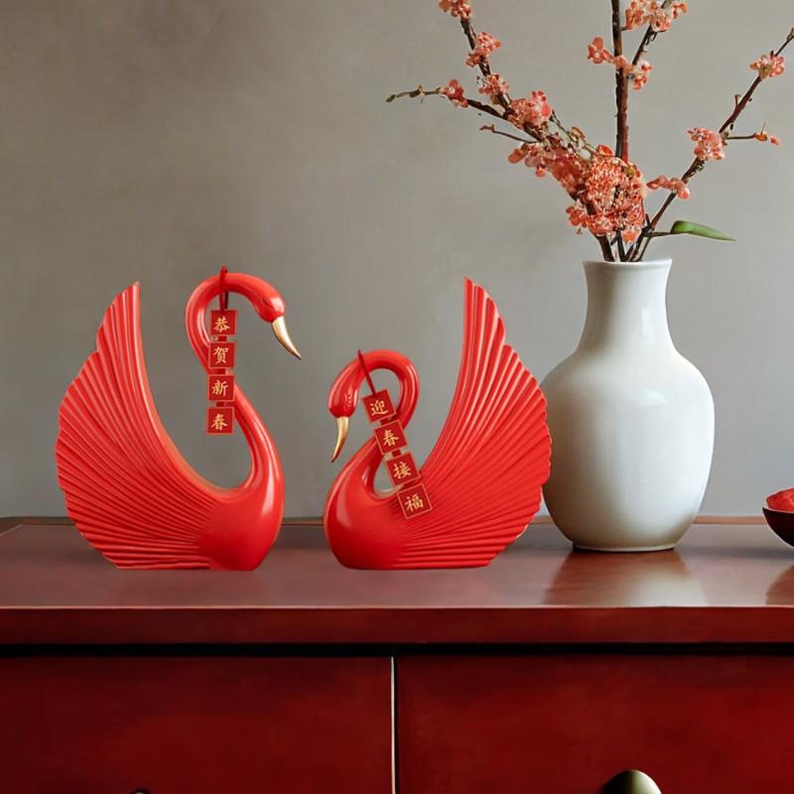 Swan Statue Decorative Crafts Realistic Figurine for Party Living Room Shelf Red