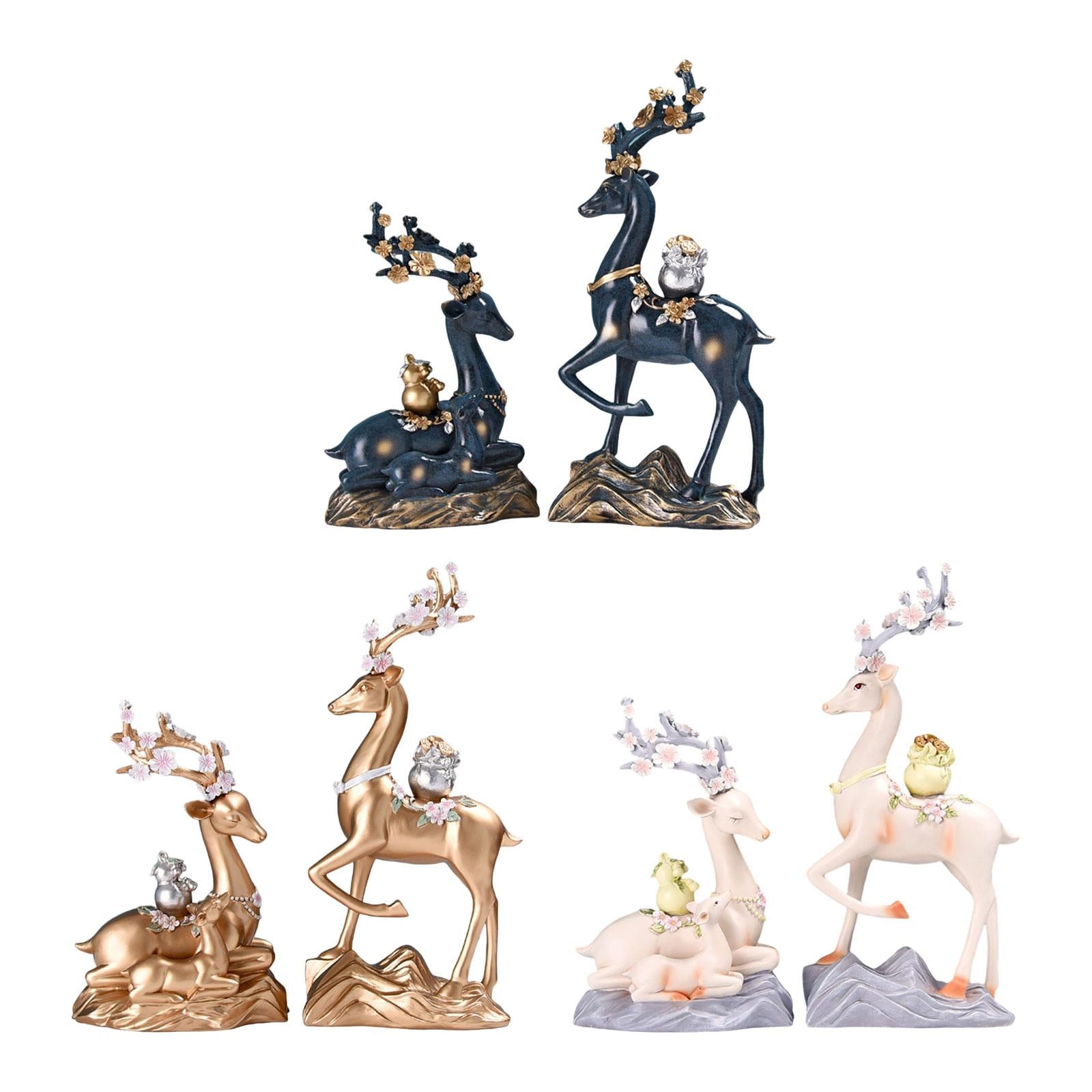 2x Elk Statues Figurines Family Decoration Artworks Fireplace Animal Figures Blue