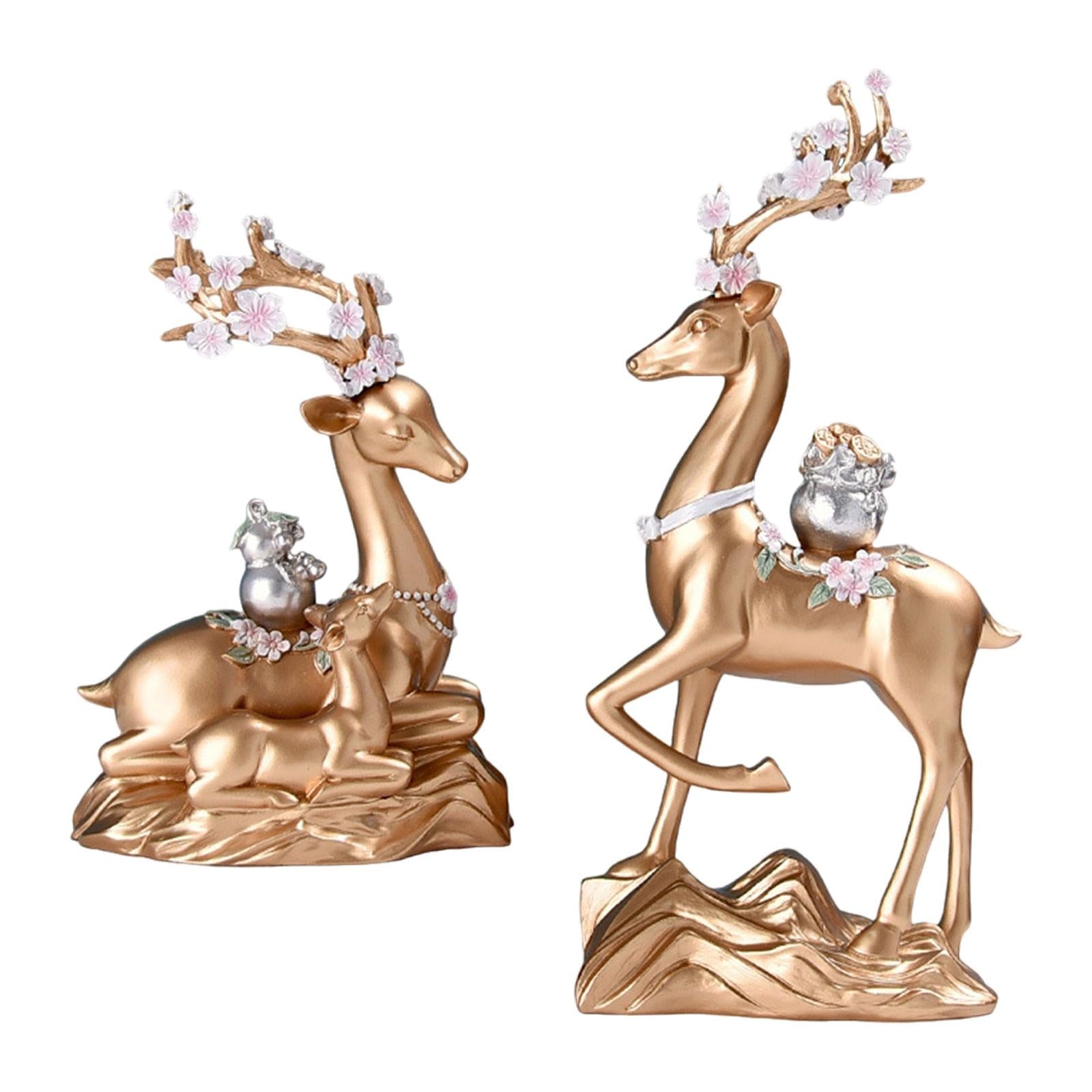 2x Elk Statues Figurines Family Decoration Artworks Fireplace Animal Figures Golden