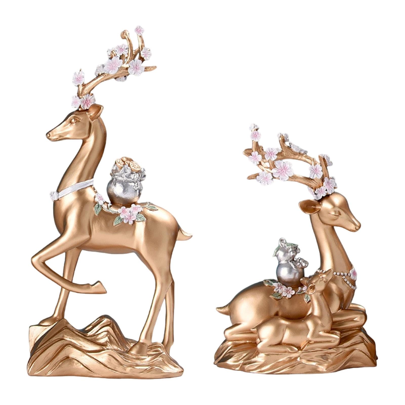 2x Elk Statues Figurines Family Decoration Artworks Fireplace Animal Figures Golden