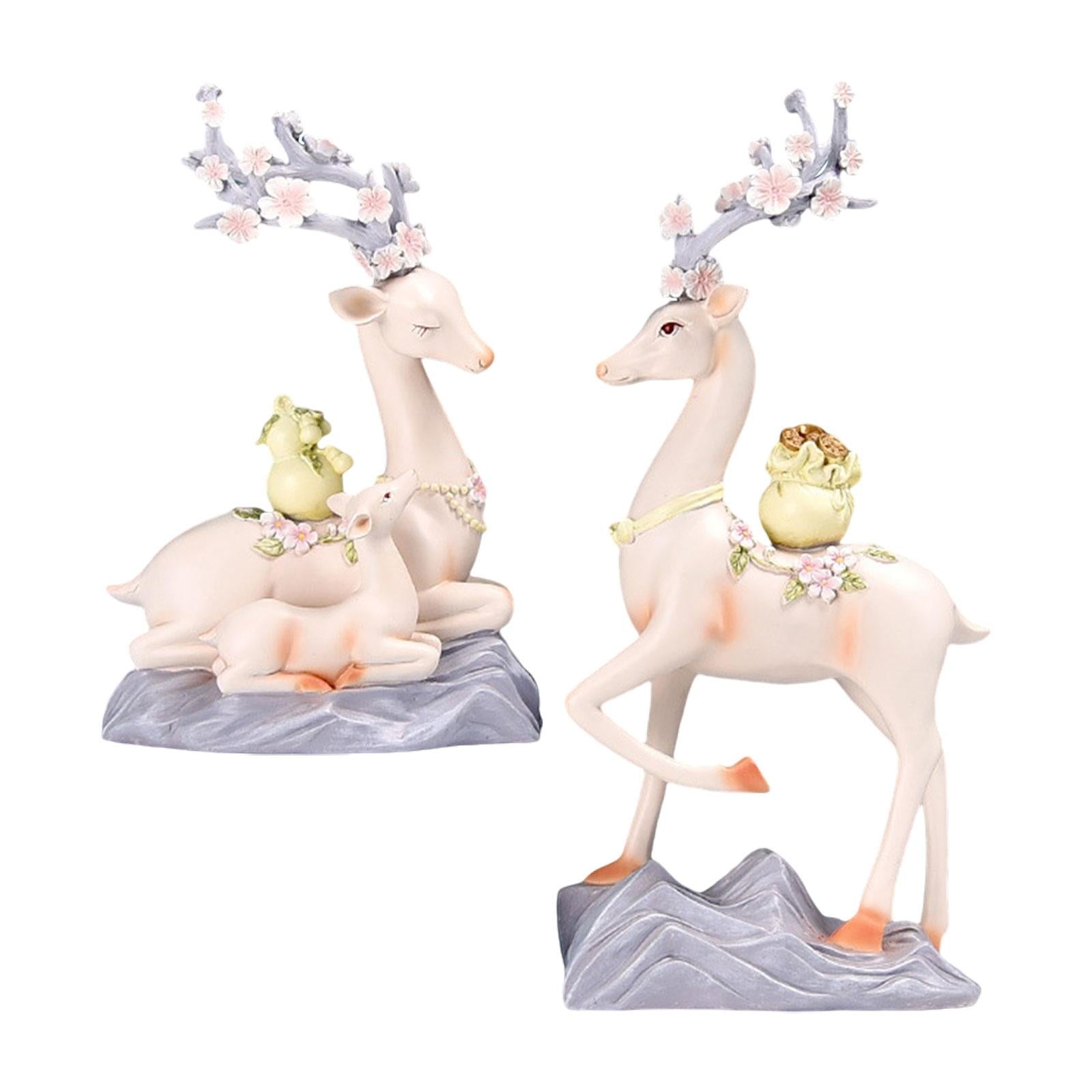 2x Elk Statues Figurines Family Decoration Artworks Fireplace Animal Figures Pink
