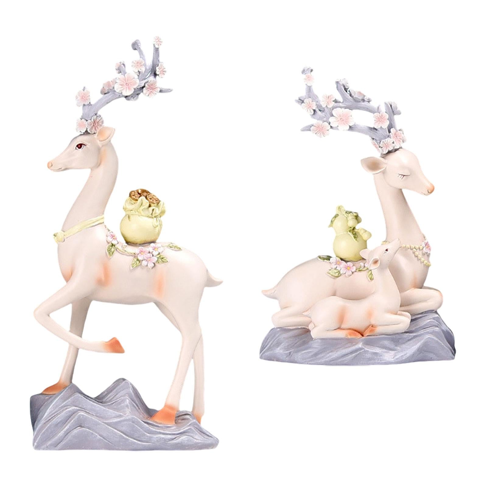 2x Elk Statues Figurines Family Decoration Artworks Fireplace Animal Figures Pink