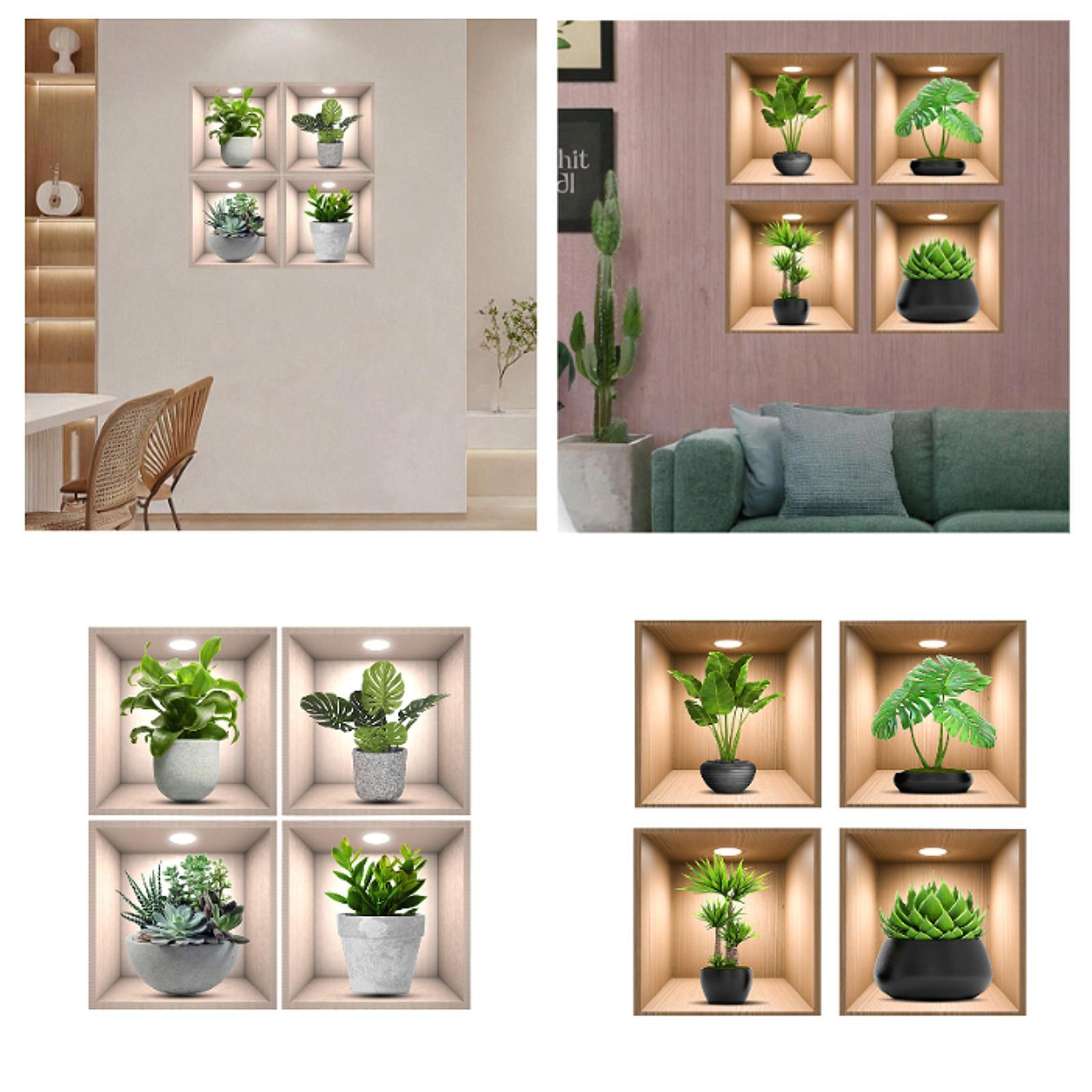 4Pcs Green Plants Wall Stickers Dining Room Office Home Decor Peel and Stick With Gray Pot