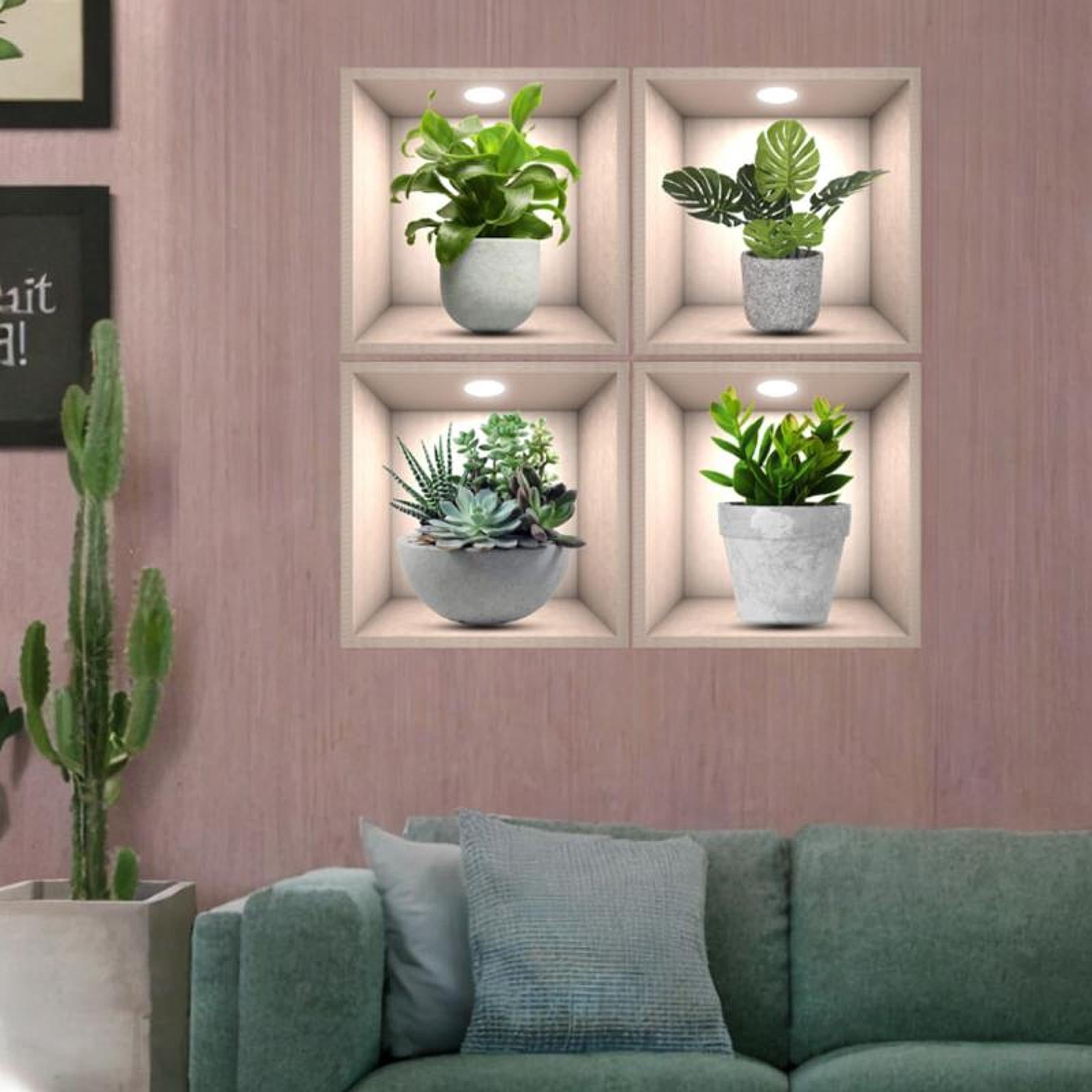 4Pcs Green Plants Wall Stickers Dining Room Office Home Decor Peel and Stick With Gray Pot
