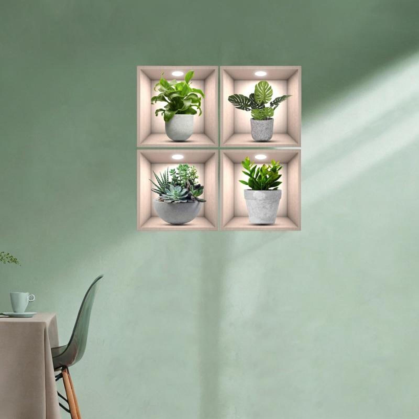 4Pcs Green Plants Wall Stickers Dining Room Office Home Decor Peel and Stick With Gray Pot