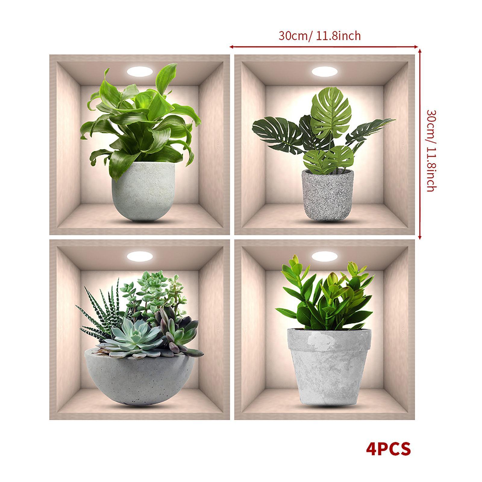 4Pcs Green Plants Wall Stickers Dining Room Office Home Decor Peel and Stick With Gray Pot