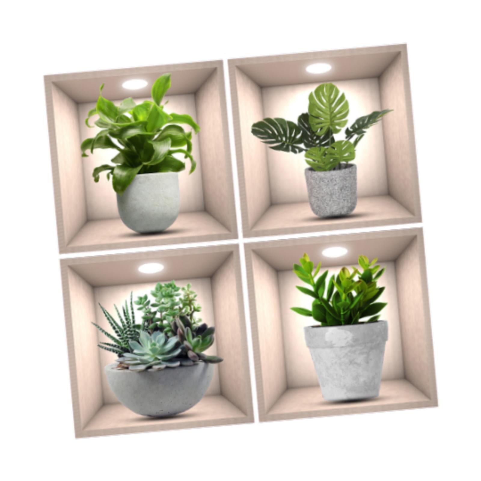 4Pcs Green Plants Wall Stickers Dining Room Office Home Decor Peel and Stick With Gray Pot