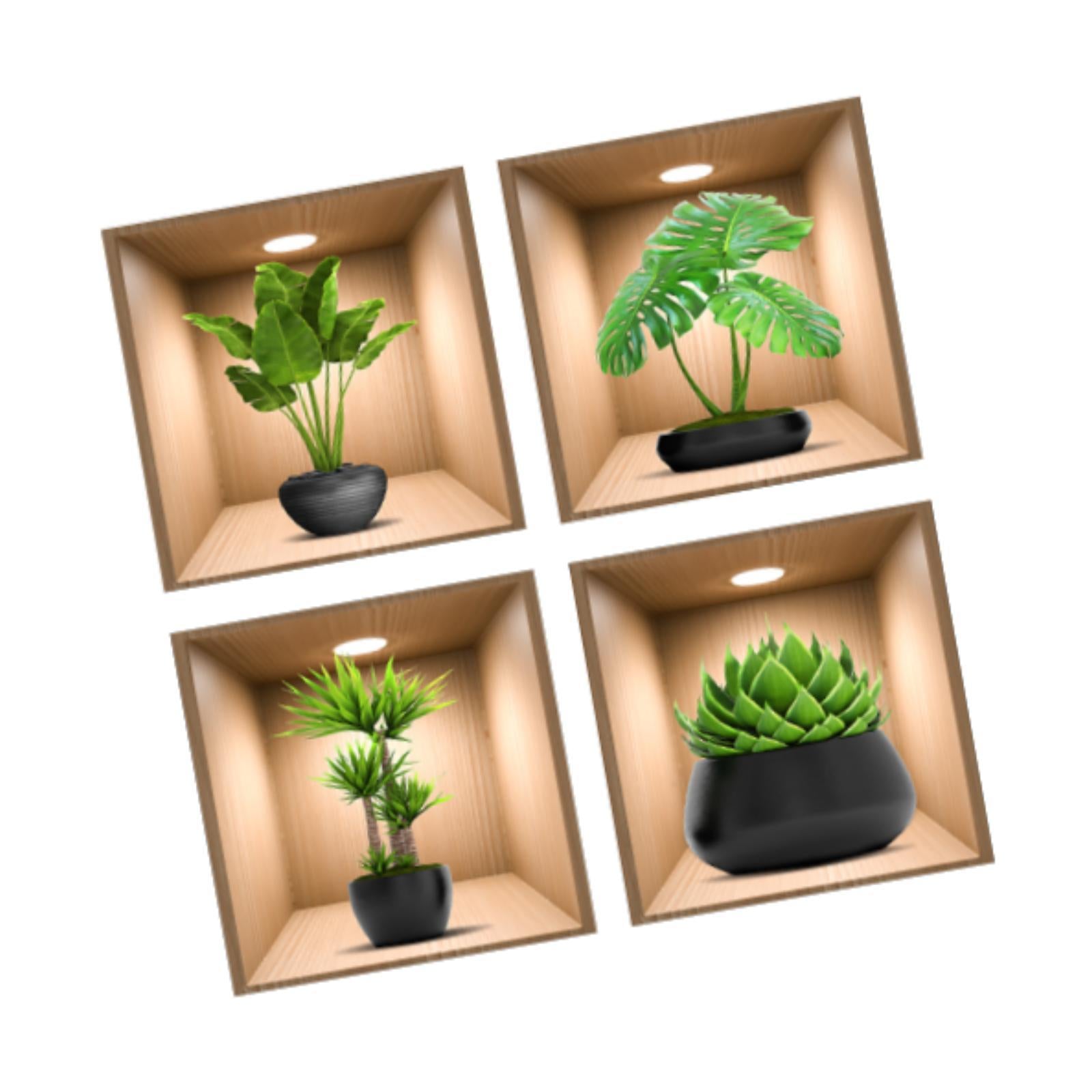 4Pcs Green Plants Wall Stickers Dining Room Office Home Decor Peel and Stick With Black Pots