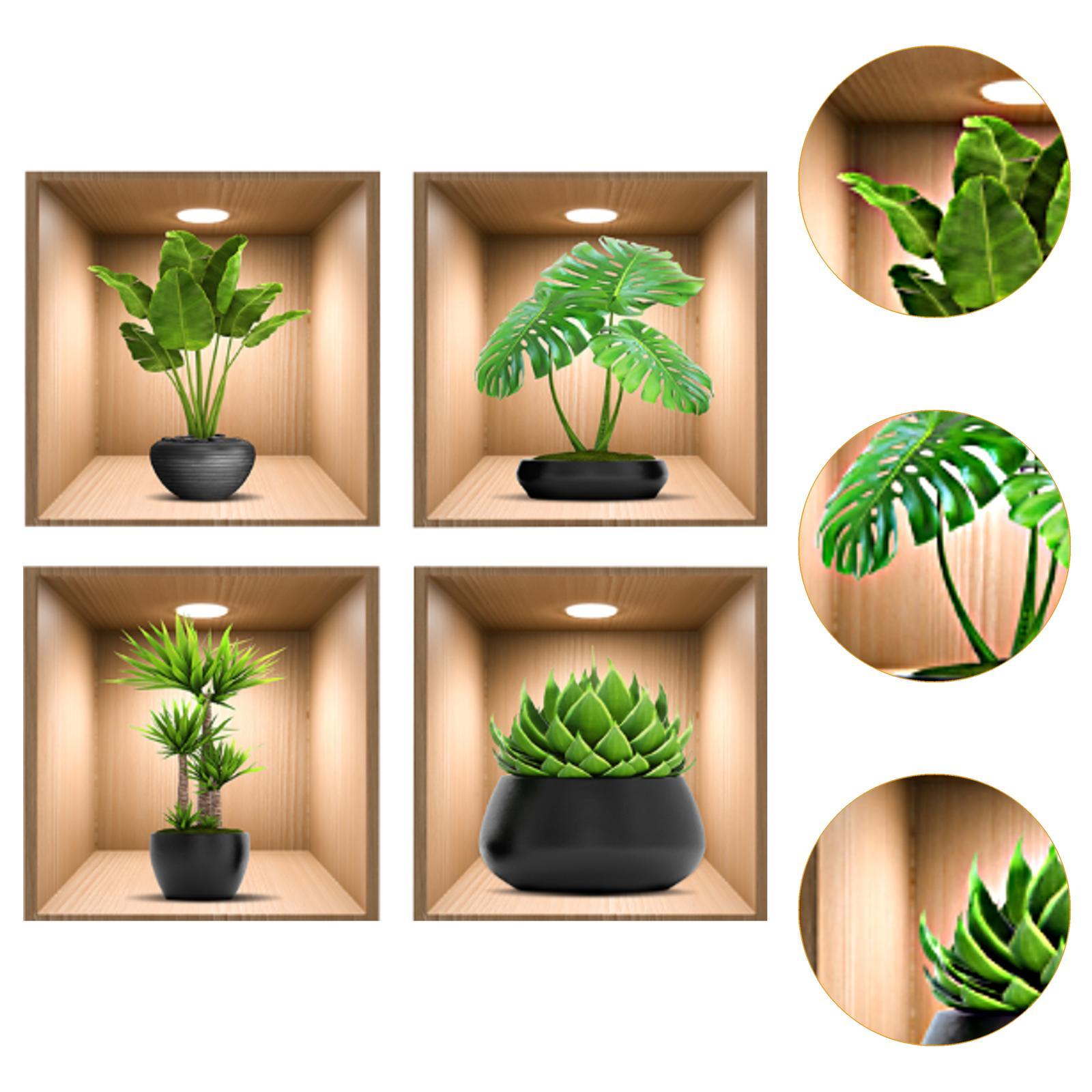 4Pcs Green Plants Wall Stickers Dining Room Office Home Decor Peel and Stick With Black Pots