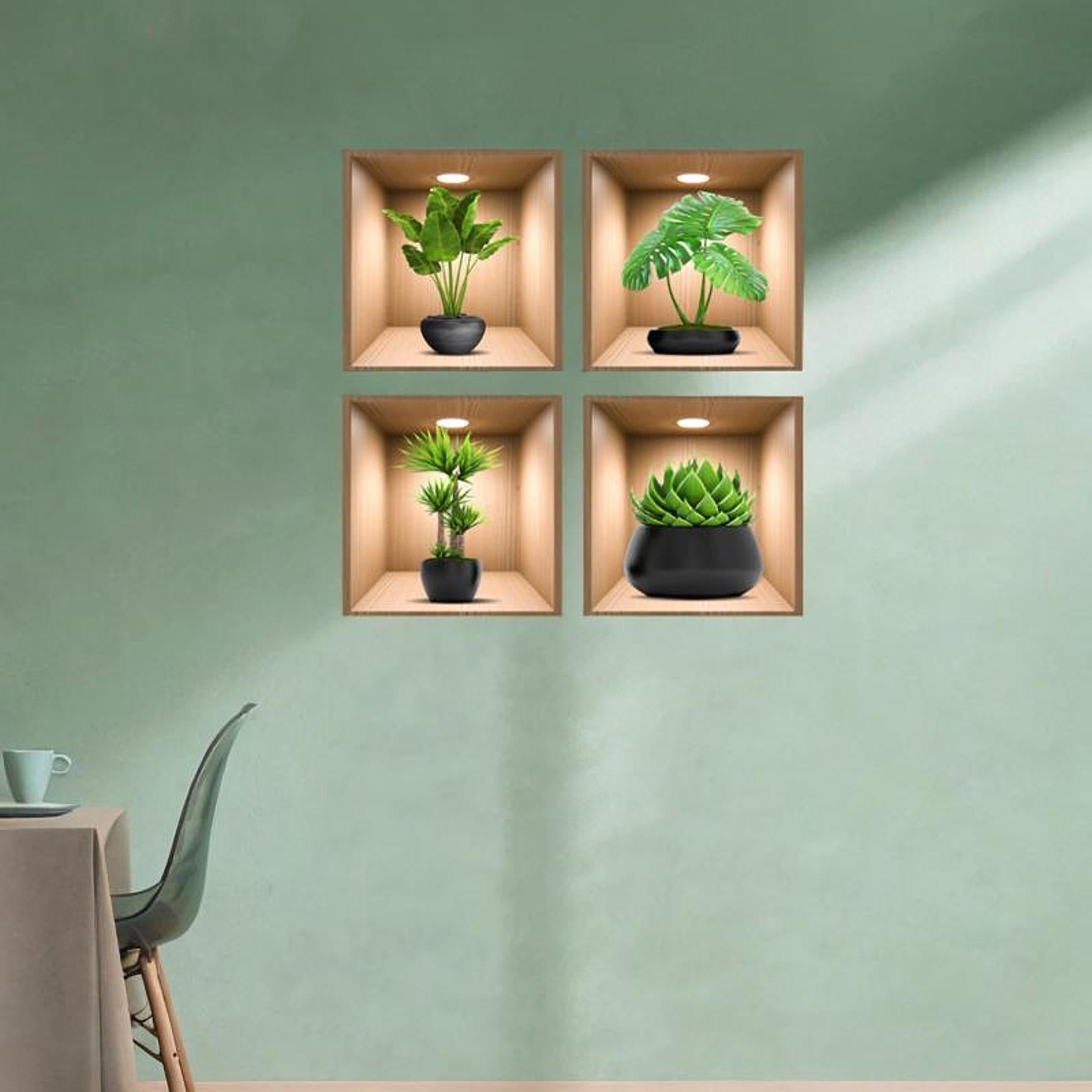 4Pcs Green Plants Wall Stickers Dining Room Office Home Decor Peel and Stick With Black Pots