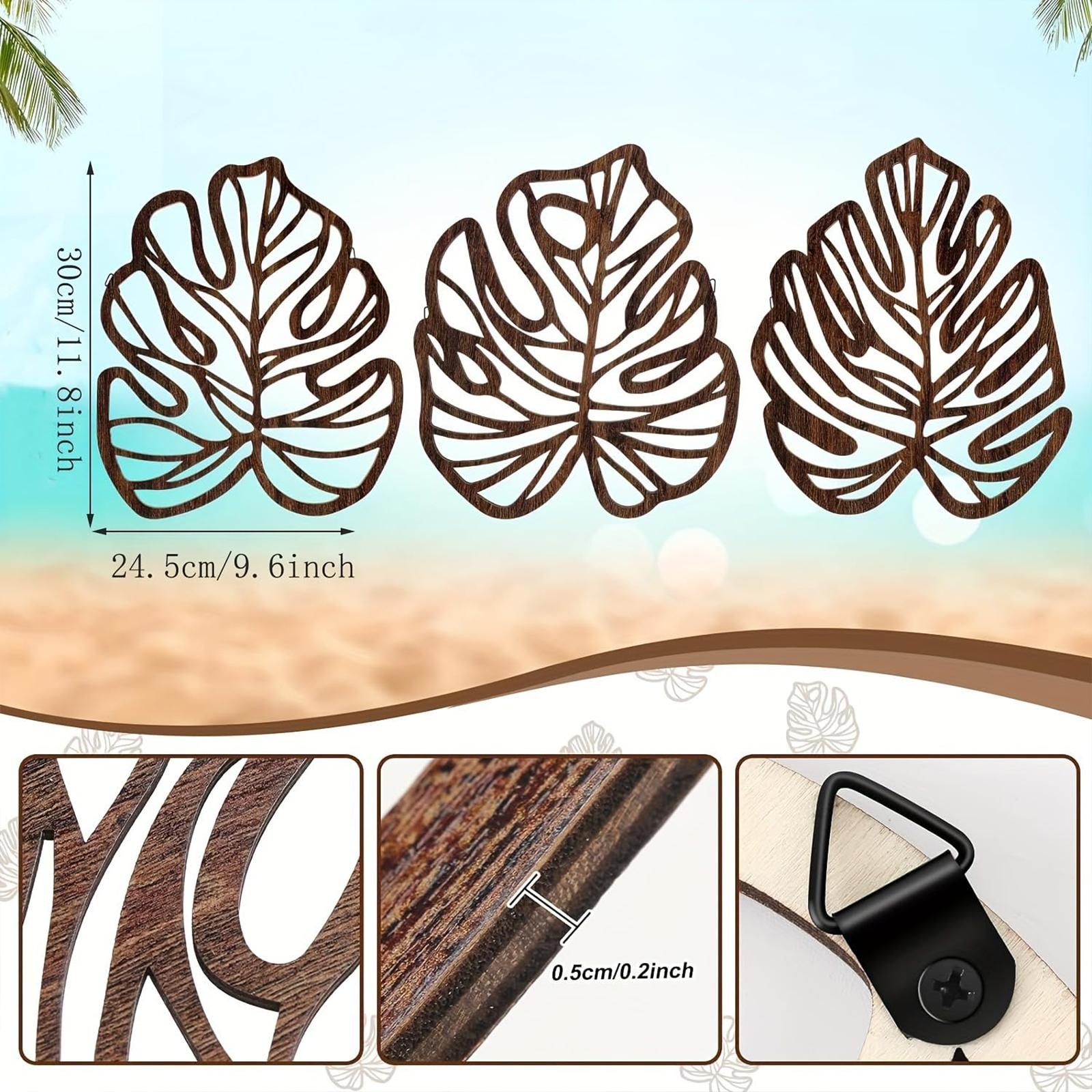 3 Pieces Palm Leaves Wood Wall Decor Artwork for Hallway Balcony Living Room Brown