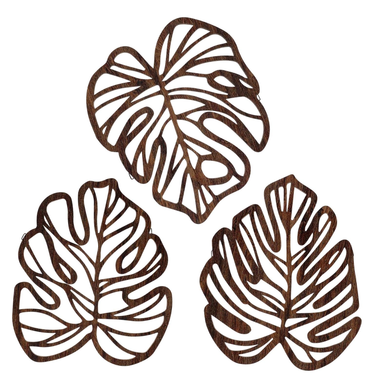 3 Pieces Palm Leaves Wood Wall Decor Artwork for Hallway Balcony Living Room Brown